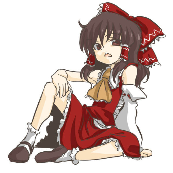 niji (nijioki), hakurei reimu, touhou, bad id, bad pixiv id, 1girl, ascot, bare shoulders, blush, bobby socks, bow, brown eyes, brown hair, detached sleeves, female focus, full body, hair bow, long sleeves, looking at viewer, mary janes, red bow, shoes, simple background, socks, solo, spread legs, white background