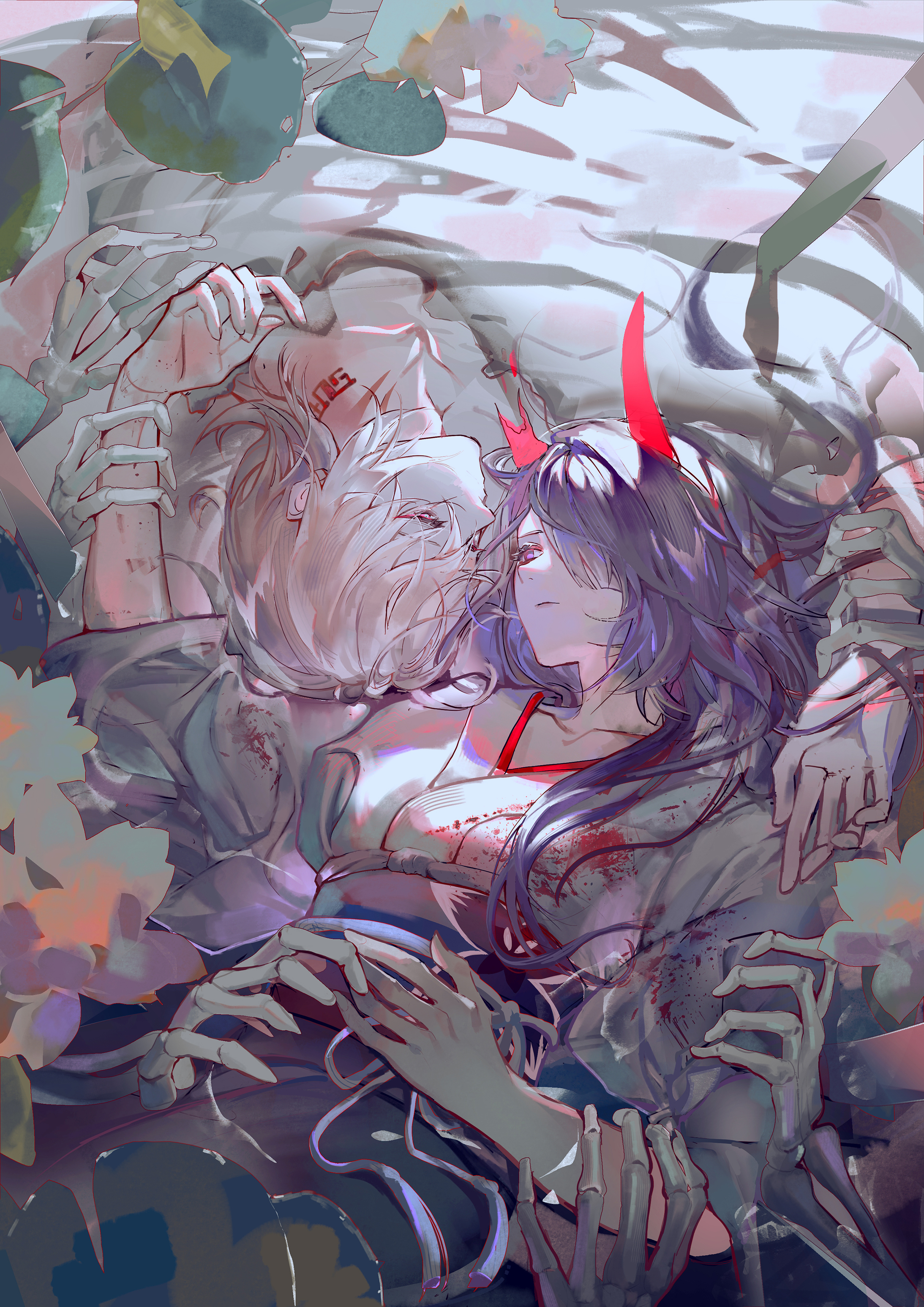 ilumiarts, acheron (honkai: star rail), acheron (izumo) (honkai: star rail), aventurine (honkai: star rail), kakavasha (honkai: star rail), honkai: star rail, honkai (series), absurdres, highres, 1boy, 1girl, blonde hair, blood, blood on clothes, flower, hair over one eye, horns, japanese clothes, long hair, lotus, multicolored eyes, purple eyes, purple hair, red horns, sash, skeletal arm, very long hair, water