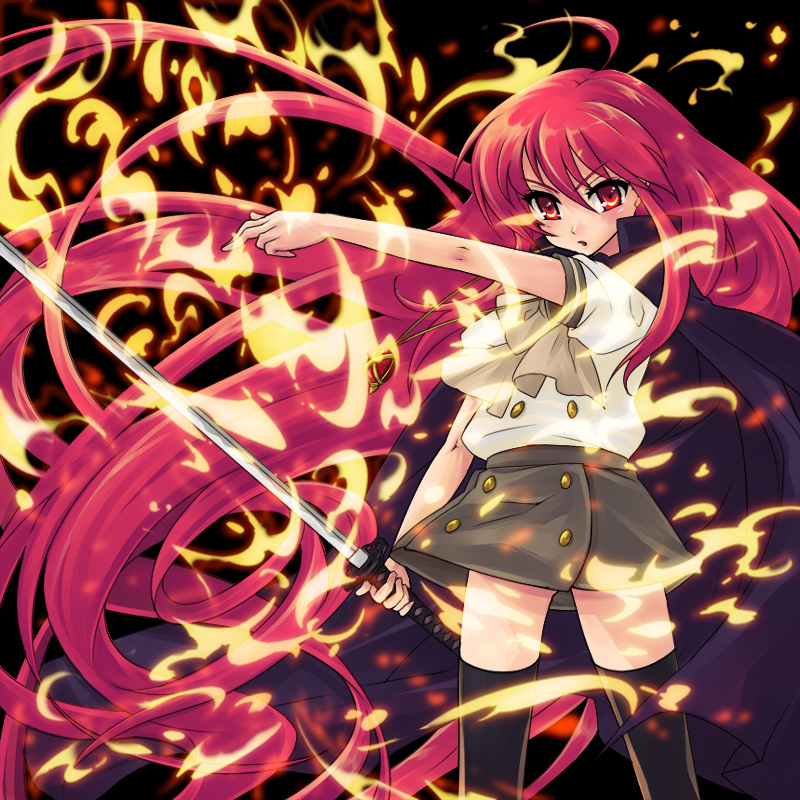 higi (rodriguez), alastor (shakugan no shana), shana, shakugan no shana, 00s, 1girl, ahoge, cape, female focus, fire, jewelry, katana, long hair, necklace, pendant, red eyes, red hair, school uniform, serafuku, skirt, solo, sword, thighhighs, weapon