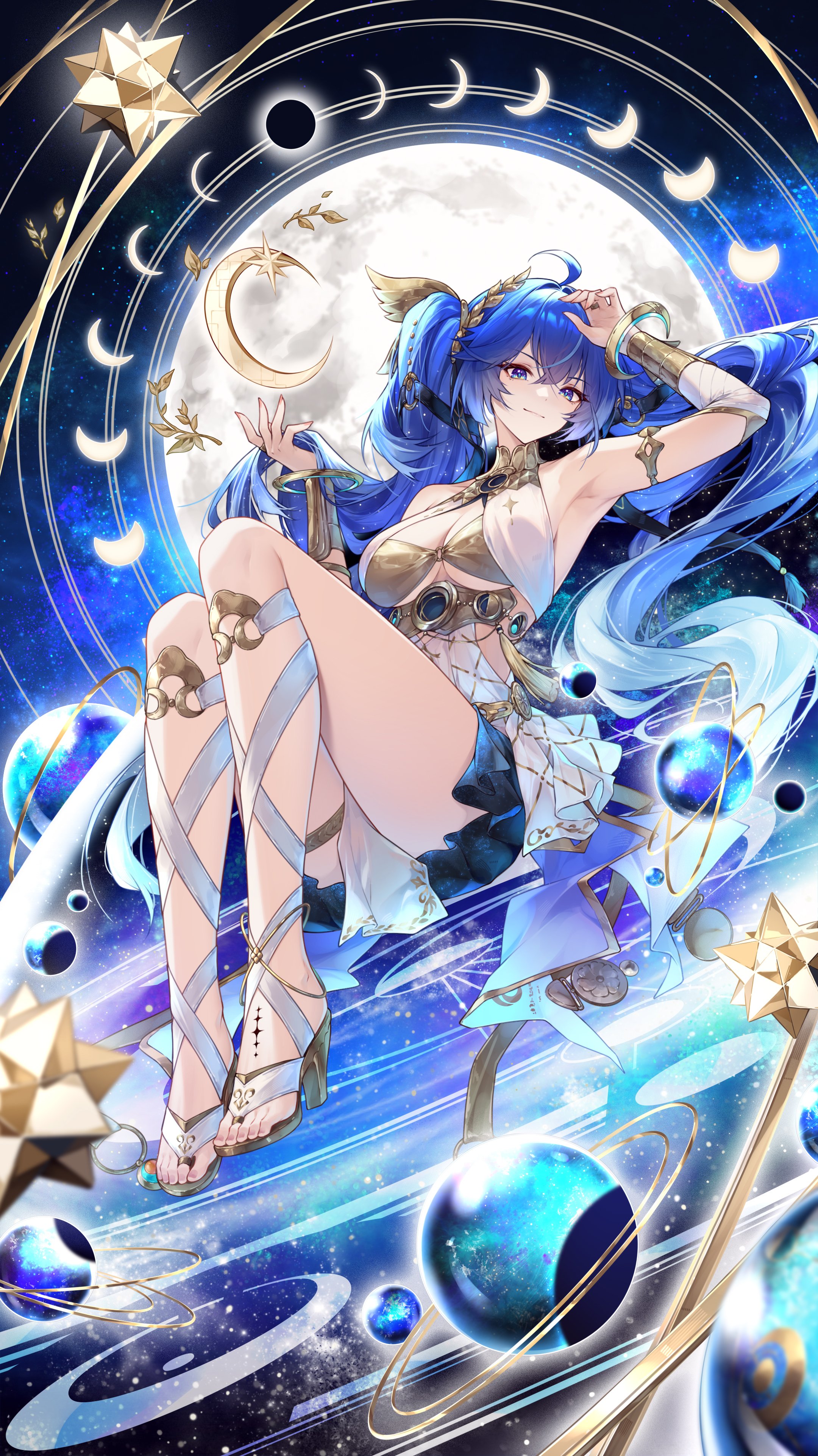 jiusan naitang, iuno (wuthering waves), wuthering waves, absurdres, commentary, hashtag-only commentary, highres, 1girl, ahoge, ancient greek clothes, arm up, armlet, armpits, bare shoulders, black skirt, blue eyes, breasts, cleavage, closed mouth, fingernails, full body, full moon, gladiator sandals, gold bra, greco-roman clothes, hair between eyes, hair intakes, jewelry, laurel crown, looking at viewer, medium breasts, moon, sandals, skirt, smile, solo, tacet mark (wuthering waves), thighlet, thighs, vambraces
