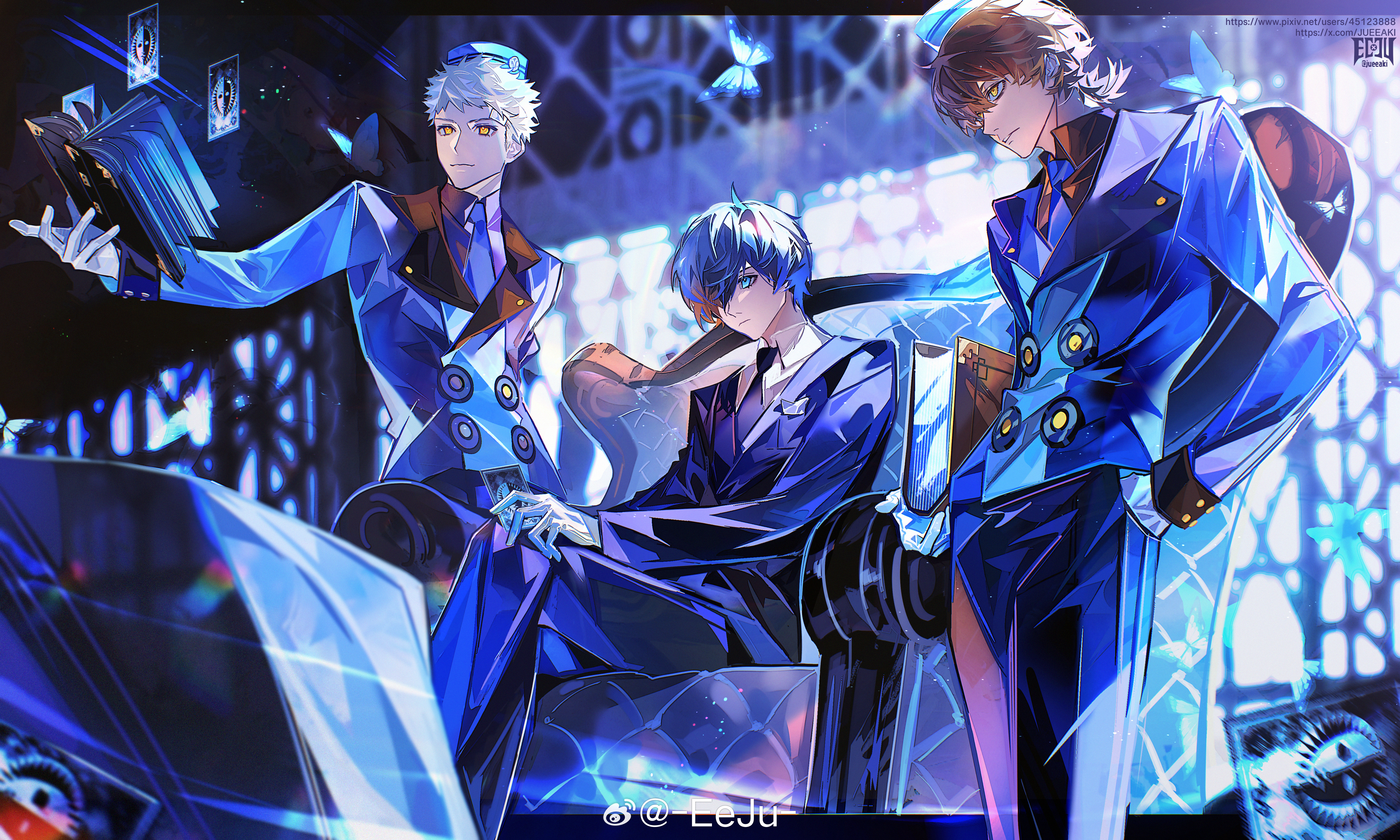eeju, aragaki shinjirou, sanada akihiko, yuuki makoto (persona 3), persona, persona 3, absurdres, highres, 3boys, alternate costume, black jacket, black necktie, blue butterfly, blue eyes, blue jacket, blue pants, book, brown hair, bug, butterfly, card, closed mouth, floating, floating book, floating object, gloves, hands in pockets, insect, jacket, male focus, multiple boys, necktie, orange eyes, pants, short hair, sitting, velvet room, white gloves, white hair