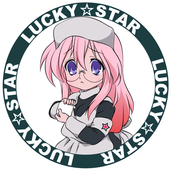 takara miyuki, lucky star, non-web source, 00s, dress, glasses, long hair, nurse, pink hair, purple eyes, round image, solo