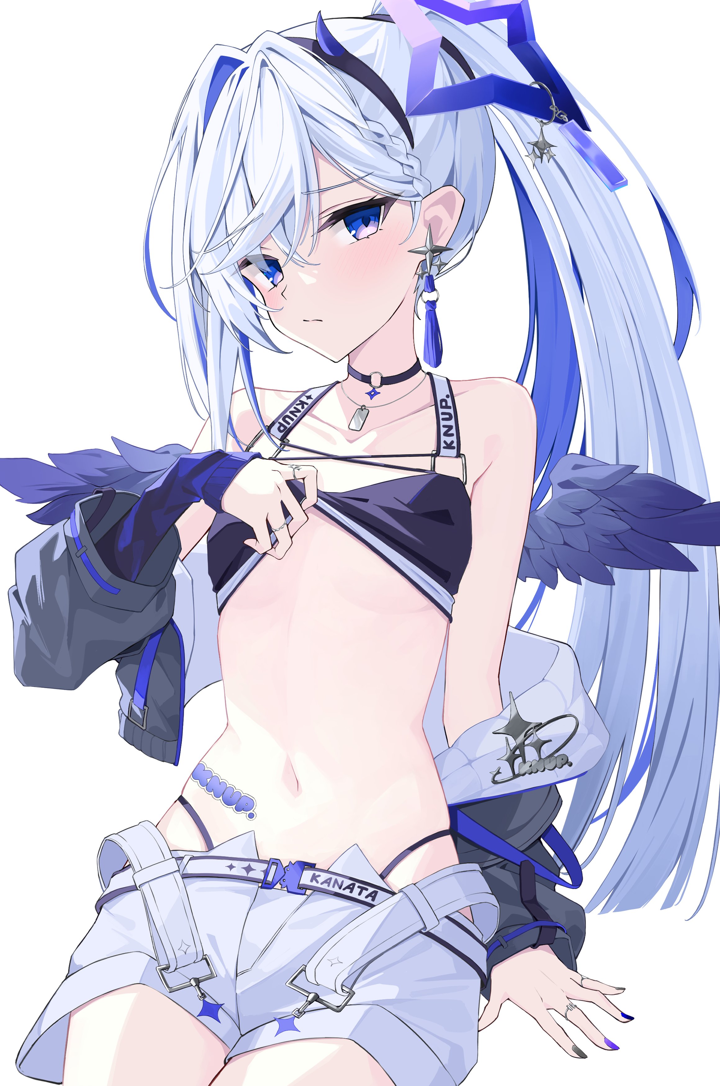 nama tt1786, amane kanata, hololive, absurdres, hashtag-only commentary, highres, angel, angel wings, bikini, bikini pull, black bikini, black nails, blue eyes, blue hair, blue nails, blush, braid, choker, closed mouth, clothes pull, collarbone, earrings, flat chest, hair intakes, halo, jacket, jewelry, long hair, looking at viewer, multicolored hair, multicolored nails, multiple rings, navel, necklace, off shoulder, open clothes, open jacket, ponytail, purple nails, ring, short shorts, shorts, simple background, star halo, swimsuit, virtual youtuber, white background, white hair, white shorts, wings