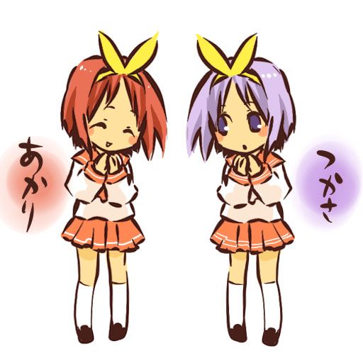 hitec, hiiragi tsukasa, kamigishi akari, lucky star, to heart, to heart (series), non-web source, translated, 00s, 2girls, bow, character name, closed eyes, comparison, look-alike, multiple girls, purple eyes, purple hair, red hair, school uniform, serafuku, short hair, yellow bow