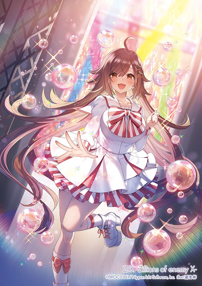 yuasa akira, z/x, official art, 1girl, ahoge, bow, bow legwear, bowtie, breasts, brown eyes, brown hair, bubble, copyright notice, dutch angle, frilled skirt, frills, glowstick, hair ornament, idol clothes, large breasts, long hair, looking at viewer, multicolored skirt, open mouth, prism (z/x), red bow, red skirt, sailor collar, shirt, shoes, skirt, socks, solo, sparkle, standing, standing on one leg, star (symbol), star hair ornament, striped bow, striped bowtie, striped clothes, very long hair, white sailor collar, white shirt, white shoes, white skirt, white socks