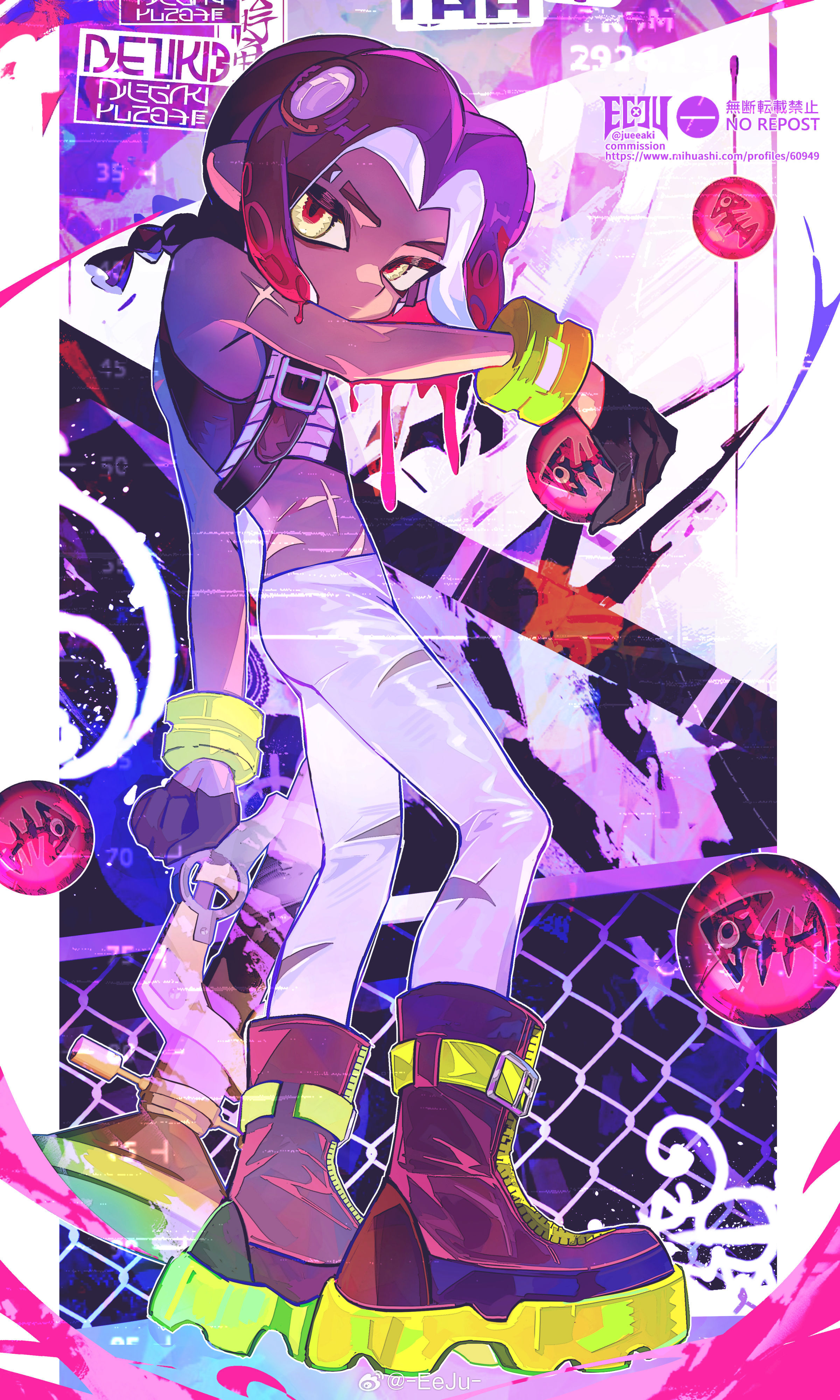 eeju, octoling boy, octoling player character, nintendo, splatoon (series), splatoon 2, absurdres, highres, 1boy, black boots, black gloves, black hair, boots, border, braid, closed mouth, dark skin, from side, full body, gloves, gun, holding, holding gun, holding weapon, ink, inkling (language), looking at viewer, male focus, octoling, pants, scar, scar on stomach, solo, tentacle hair, torn clothes, torn pants, weapon, white border, white pants, yellow eyes