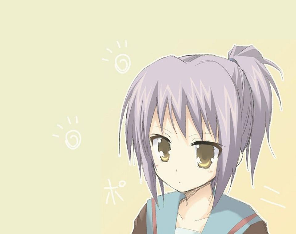 nagato yuki, suzumiya haruhi no yuuutsu, silver hair, jpeg artifacts, non-web source, 00s, 1girl, alternate hairstyle, cardigan, female focus, ponytail, school uniform, serafuku, short hair, solo, yellow eyes