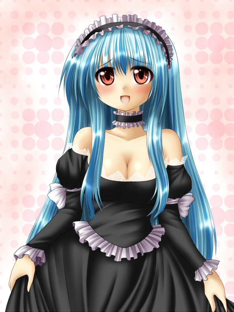 chitose (pixiv), kagura chitose, kamishirasawa keine, touhou, 1girl, bare shoulders, blue hair, blush, breasts, cleavage, female focus, goth fashion, long hair, solo