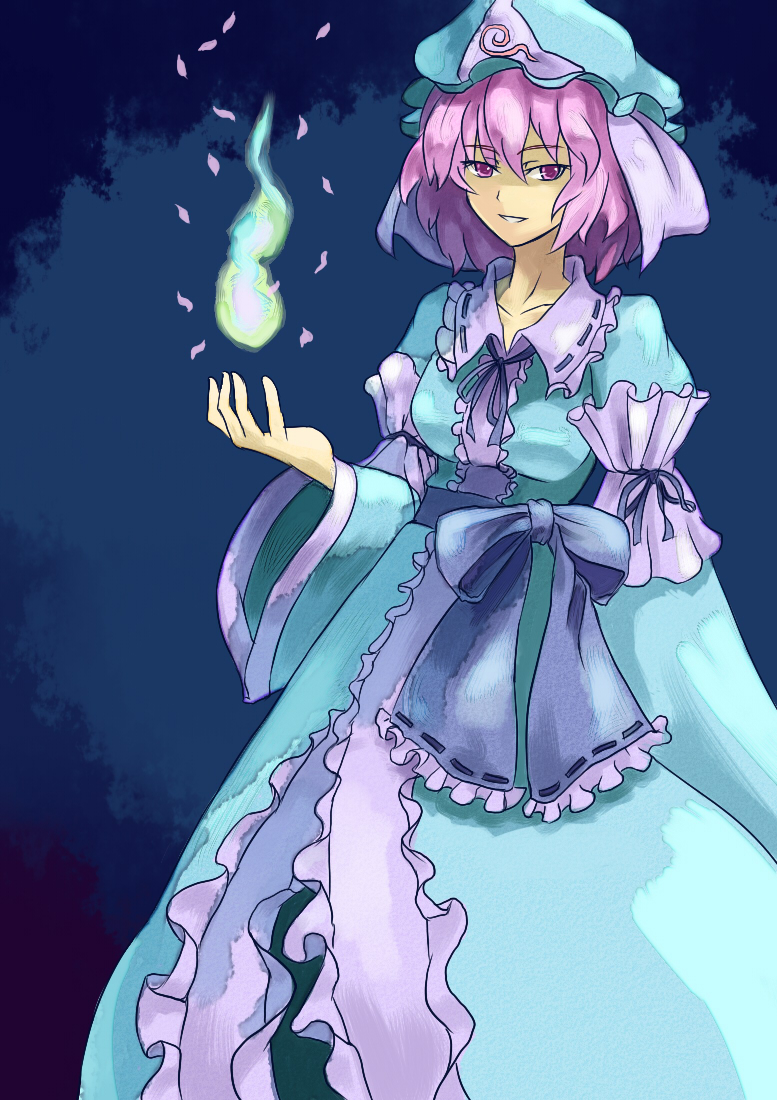 shibasaki shouji, saigyouji yuyuko, touhou, bad id, bad pixiv id, 1girl, female focus, ghost, hat, japanese clothes, kimono, petals, pink hair, ribbon, short hair, solo