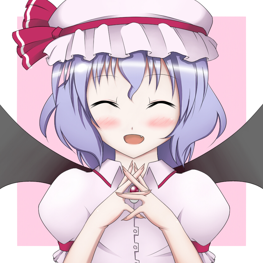 fuuen (akagaminanoka), remilia scarlet, touhou, bad id, bad pixiv id, 1girl, bat wings, blue hair, blush, fang, female focus, hat, solo, upper body, wings
