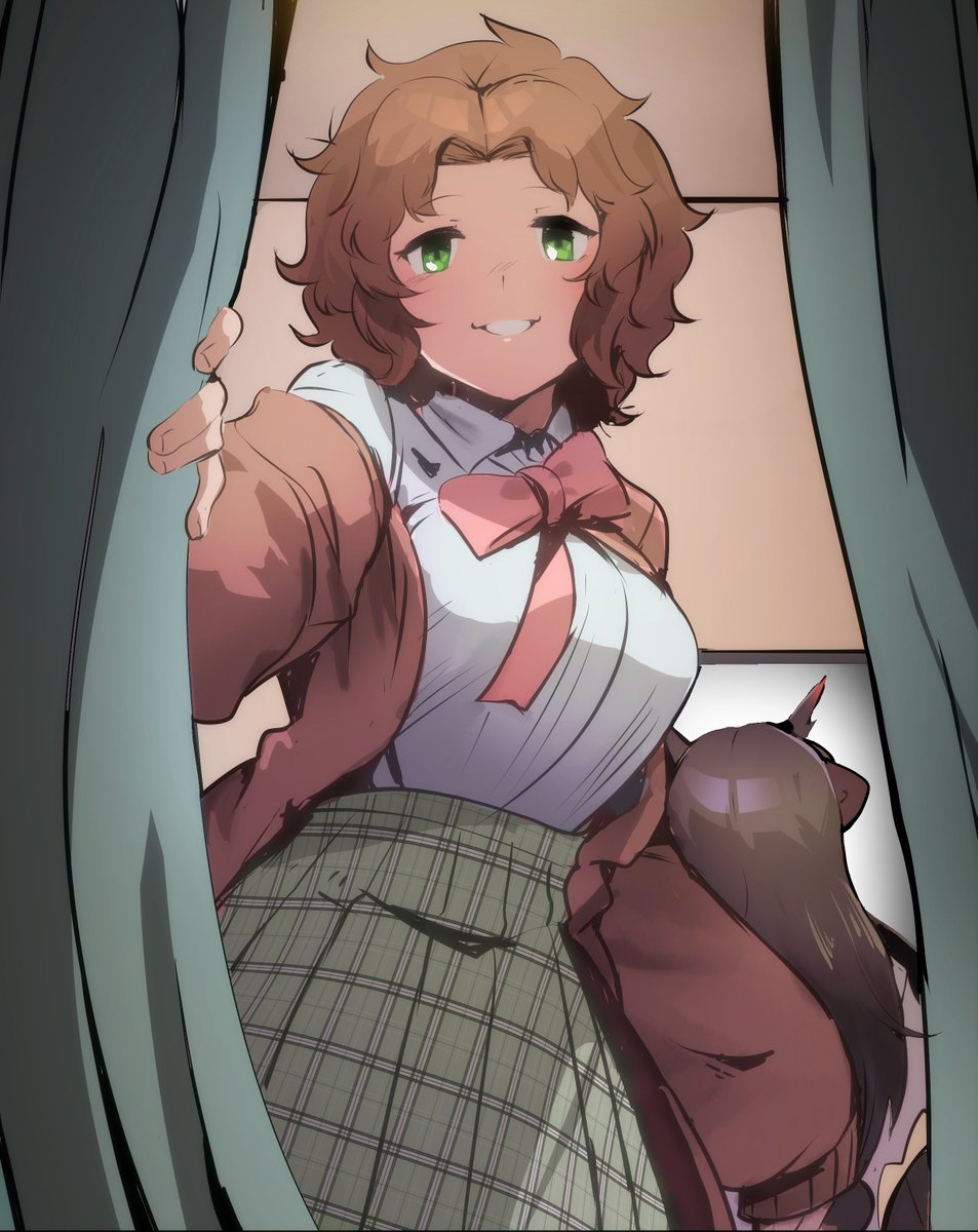 riri (dgra3272), black dragon (kemono friends), sloth (kemono friends), kemono friends, kemono friends 3, highres, 2girls, animal ears, black hair, bow, bowtie, breasts, brown hair, cardigan, collared shirt, dragon ears, dragon horns, green eyes, green skirt, horns, indoors, large breasts, long hair, long sleeves, looking at viewer, medium hair, messy hair, multiple girls, open cardigan, open clothes, plaid clothes, plaid skirt, shirt, shirt tucked in, skirt, sleeves past fingers, sleeves past wrists, smile, solo focus, tented shirt, white shirt, wing collar