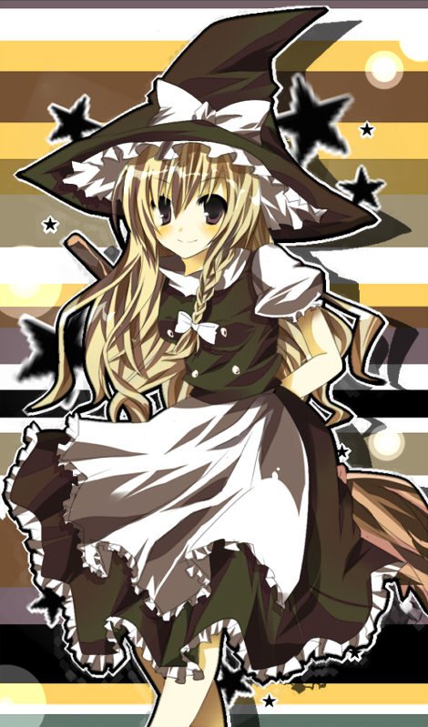 kinoko (hkn), kinoko (pixiv), kirisame marisa, touhou, bad id, bad pixiv id, 1girl, blonde hair, broom, female focus, hat, long hair, ribbon, skirt, solo