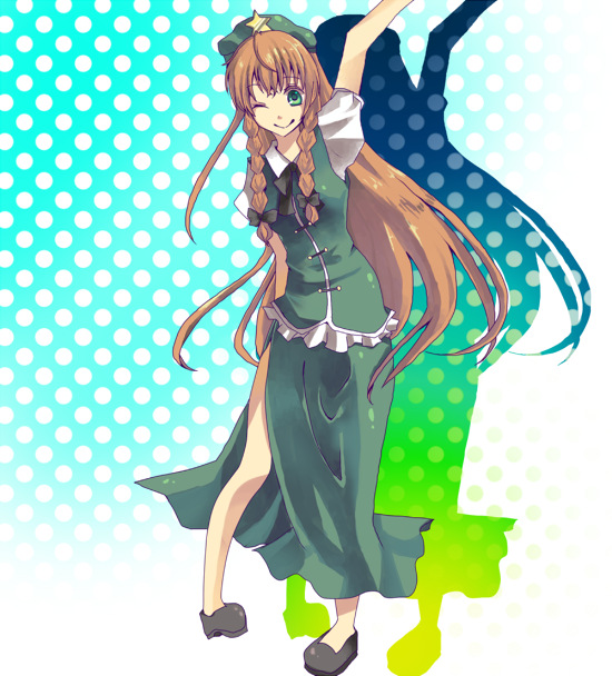 suzumura tomo, hong meiling, embodiment of scarlet devil, touhou, bad id, bad pixiv id, 1girl, braid, china dress, chinese clothes, dress, female focus, green eyes, hair ribbon, hat, kinniku tsuu, long hair, orange hair, ribbon, smile, solo, twin braids, wink