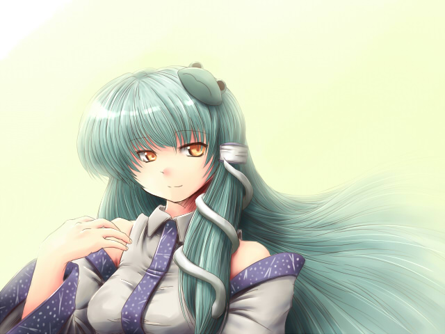 kakkou, kochiya sanae, touhou, bad id, bad pixiv id, 1girl, breasts, female focus, frog, gradient background, green hair, japanese clothes, long hair, miko, orange eyes, snake, solo, upper body