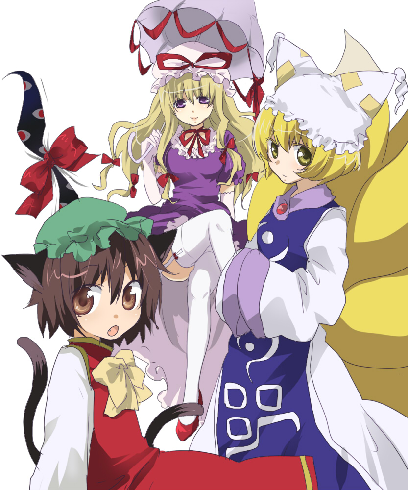 machiko (beard), chen, yakumo ran, yakumo yukari, touhou, bad id, bad pixiv id, 3girls, animal ears, animal hat, blonde hair, brown eyes, brown hair, cat ears, cat girl, cat tail, china dress, chinese clothes, dress, elbow gloves, female focus, fox ears, fox tail, gap (touhou), gloves, hat, long hair, long sleeves, mob cap, multiple girls, parasol, purple eyes, ribbon, short hair, short sleeves, tail, tassel, umbrella, white background, wide sleeves, yellow eyes