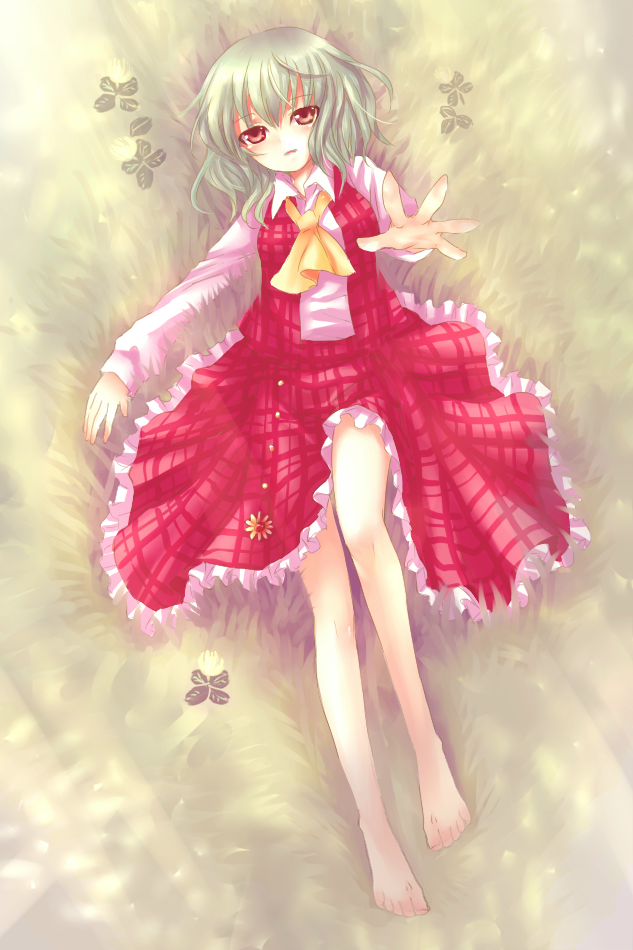 neme, kazami yuuka, touhou, bad id, bad pixiv id, 1girl, ascot, barefoot, female focus, flower, from above, grass, green hair, legs, lying, on back, plaid clothes, plaid skirt, plaid vest, reaching, red eyes, short hair, skirt, skirt set, solo, vest
