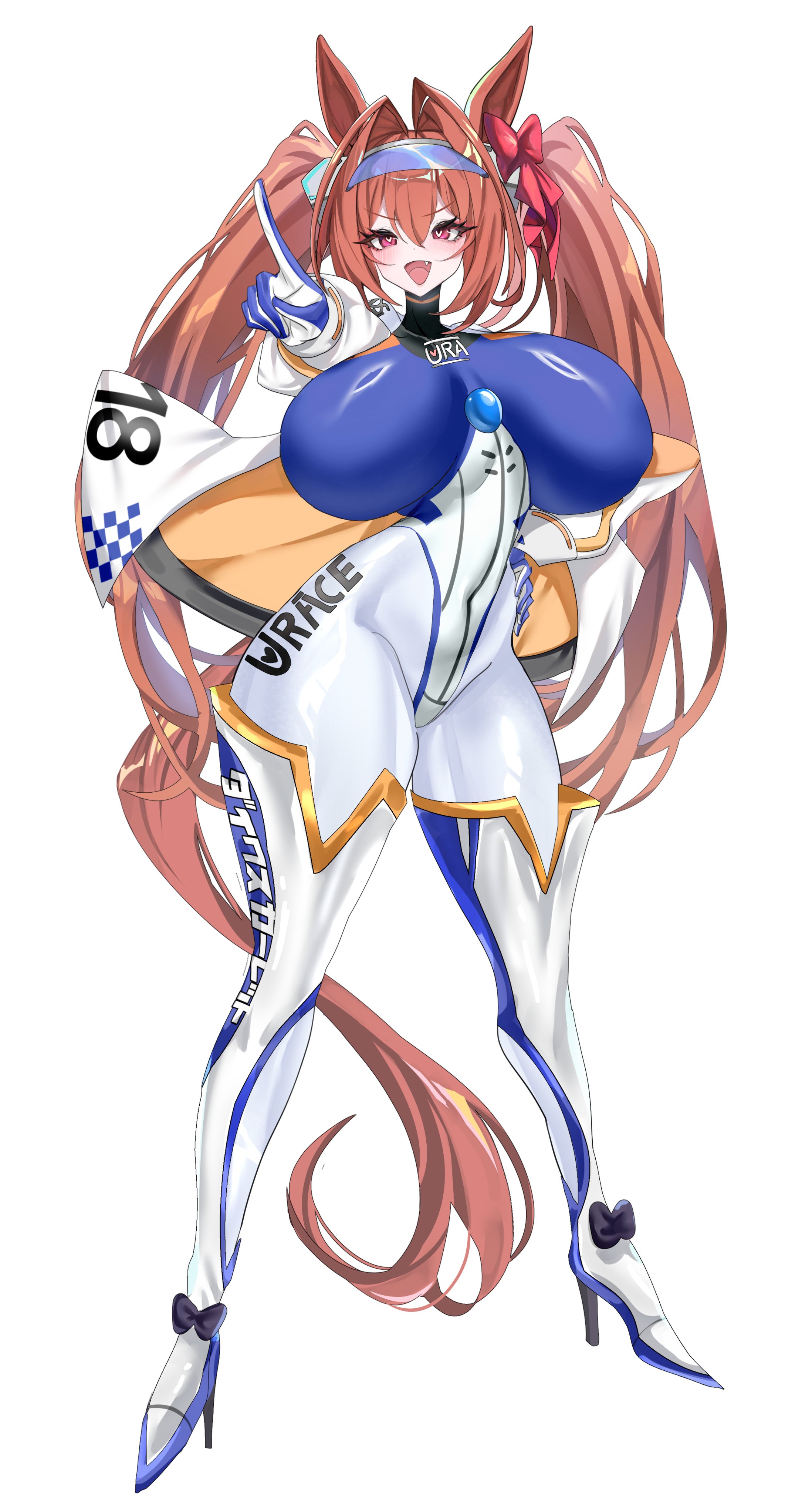 sizhe, daiwa scarlet (umamusume), umamusume, absurdres, highres, animal ears, bodysuit, breasts, brown hair, hair intakes, horse ears, horse girl, horse tail, long hair, open mouth, pointing, race queen, red eyes, tail, tiara, twintails, very long hair, white bodysuit
