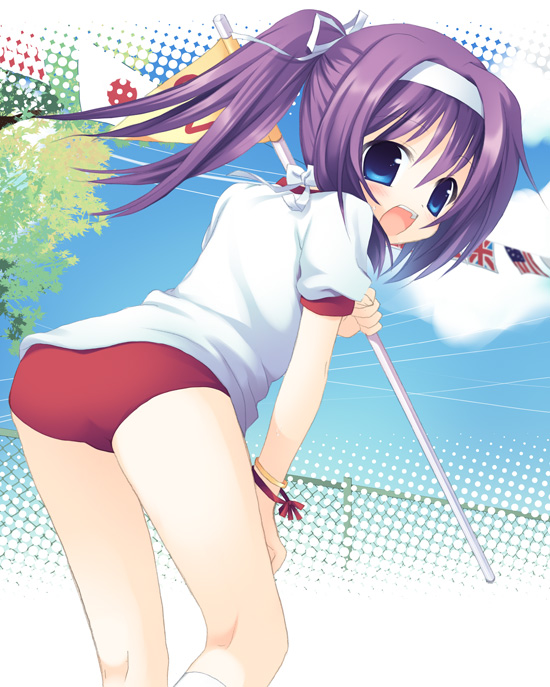 sazaki ichiri, bent over, blue eyes, buruma, gym uniform, headband, long hair, looking back, ponytail, purple hair, solo