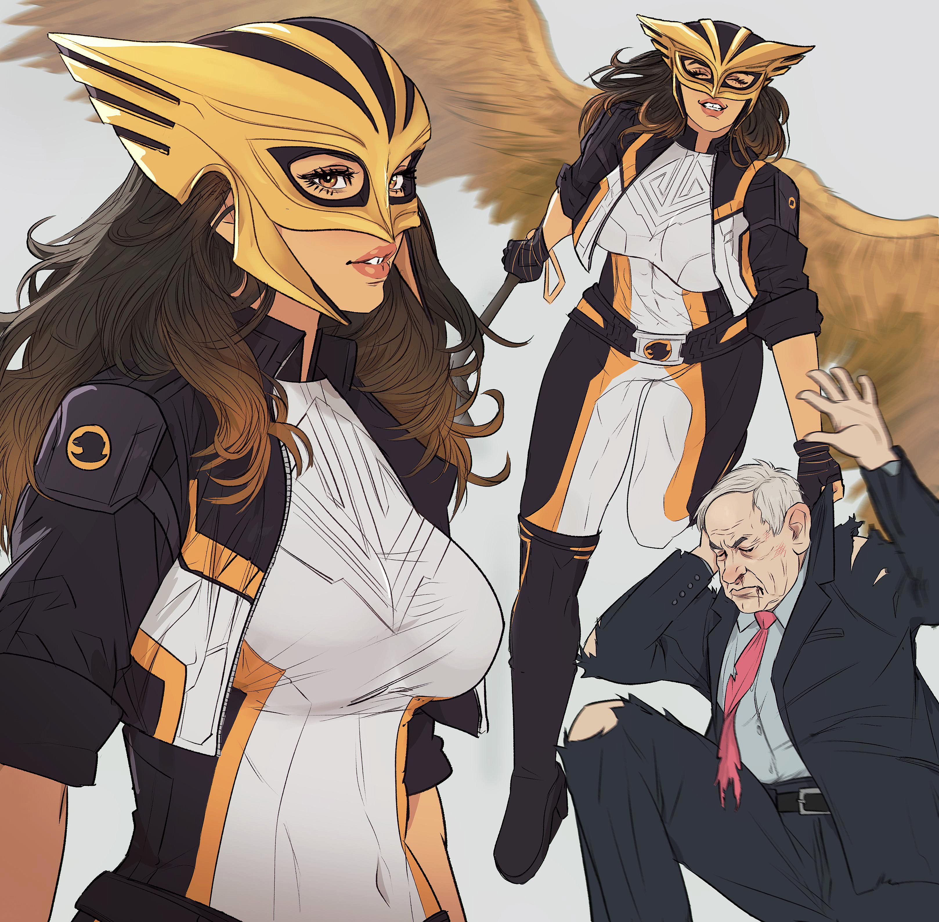 yoracrab, hawkgirl, superman (2025), absurdres, highres, 1boy, 1girl, benjamin netanyahu, bird wings, bodysuit, breasts, brown hair, carrying, carrying person, closed eyes, covered navel, eyelashes, feathered wings, fingerless gloves, flying, gloves, grey hair, grin, helmet, jacket, kendra saunders, large breasts, large ears, long hair, mask, necktie, old, old man, orange eyes, pants, smile, tan, toned, toned female, torn clothes, torn jacket, torn necktie, torn pants, torn suit, wings