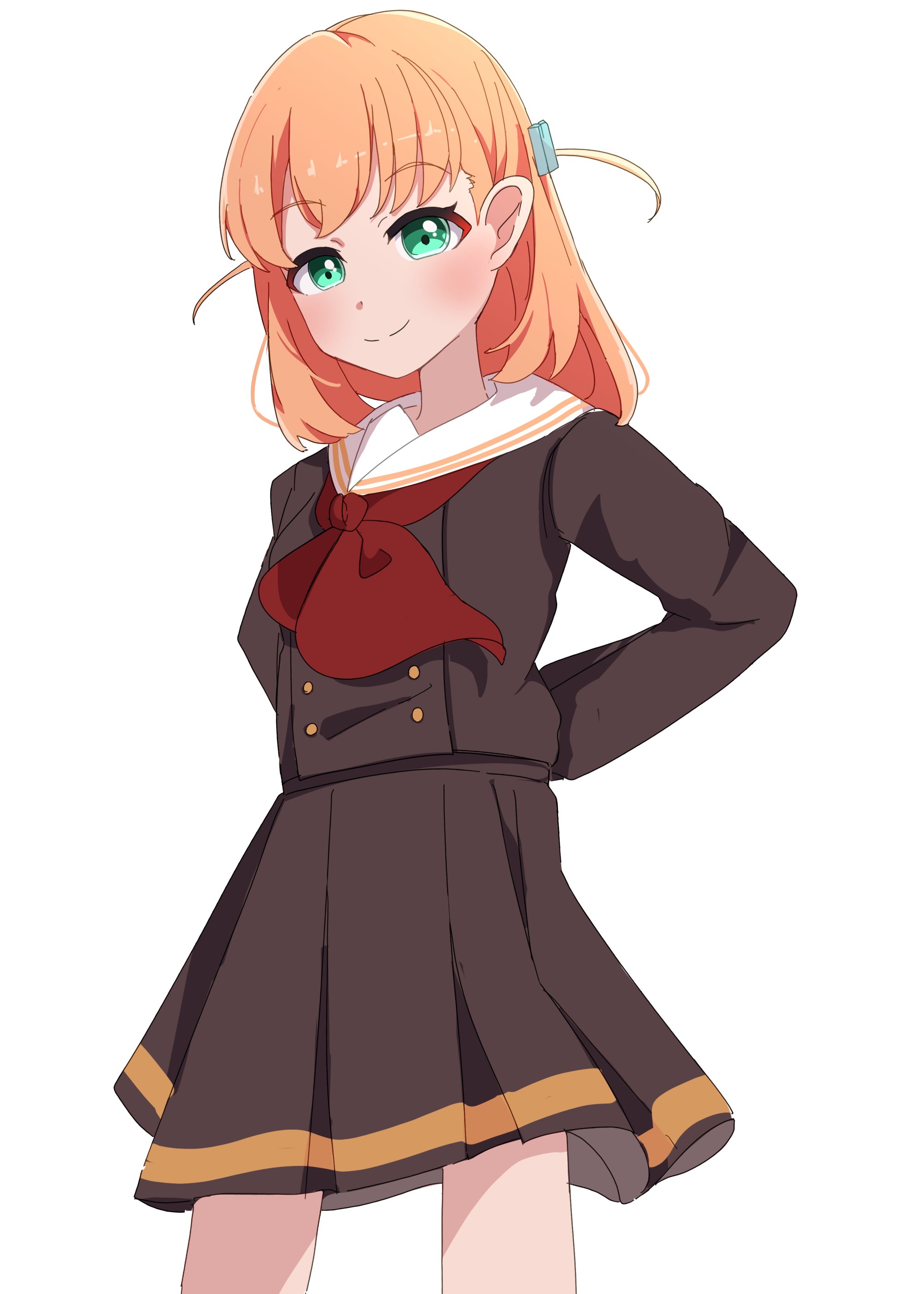 kametora (kametora02), hinoshita kaho, hibike! euphonium, link! like! love live!, love live!, absurdres, commentary request, highres, 1girl, aqua eyes, arms behind back, brown serafuku, brown shirt, buttons, closed mouth, cosplay, cowboy shot, double-breasted, hair ornament, kitauji high school uniform, medium hair, miniskirt, neckerchief, orange hair, pleated skirt, rabbit hair ornament, red neckerchief, sailor collar, school uniform, serafuku, shirt, simple background, skirt, smile, solo, split mouth, standing, two side up, virtual youtuber, white background, white sailor collar, winter uniform