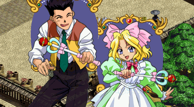 iris chateaubriand, oogami ichirou, sakura taisen, animated, animated gif, non-web source, 00s, 1boy, 1girl, blonde hair, blue hair, bow, dress, frills, magical girl, pink bow, short hair, wand