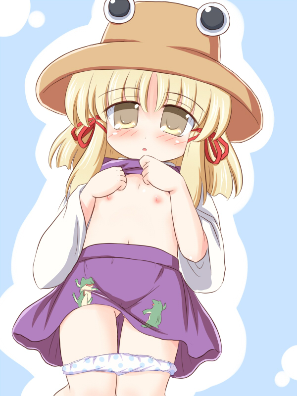 ry (yagoyago), moriya suwako, touhou, 1girl, blonde hair, female focus, flat chest, hat, loli, nipples, nude, panties, ribbon, solo, underwear
