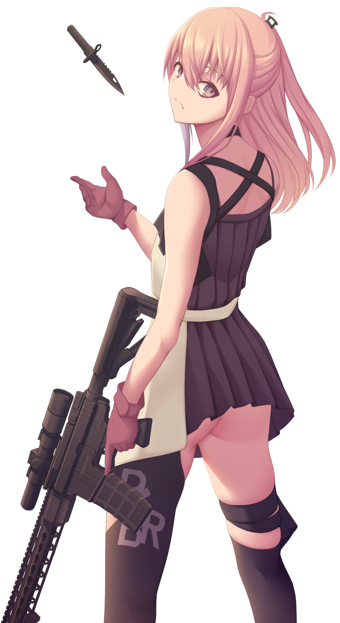 act (xadachit), st ar-15 (girls' frontline), girls' frontline, commentary, highres, 1girl, ar-15, ass, assault rifle, black thighhighs, blue hair, crossed bangs, dated commentary, dress, from behind, frown, gloves, grey eyes, gun, hair between eyes, holding, holding gun, holding weapon, knife, long hair, looking at viewer, magazine (weapon), multicolored hair, no panties, one side up, pink hair, purple dress, red gloves, rifle, scope, sidelocks, simple background, sleeveless, sleeveless dress, solo, streaked hair, thighhighs, throwing knife, trigger discipline, two-tone dress, weapon, white background, white dress