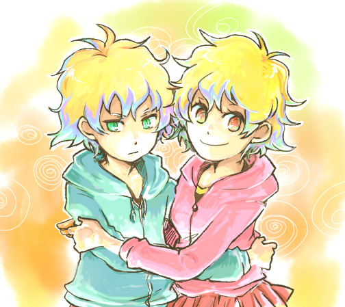 lordgenome, nia teppelin, tengen toppa gurren lagann, tengen toppa gurren lagann: parallel works, non-web source, 00s, 1boy, 1girl, aged down, blonde hair, father and daughter, green eyes, hetero, hood, hoodie, hug, multicolored hair, short hair, smile, time paradox