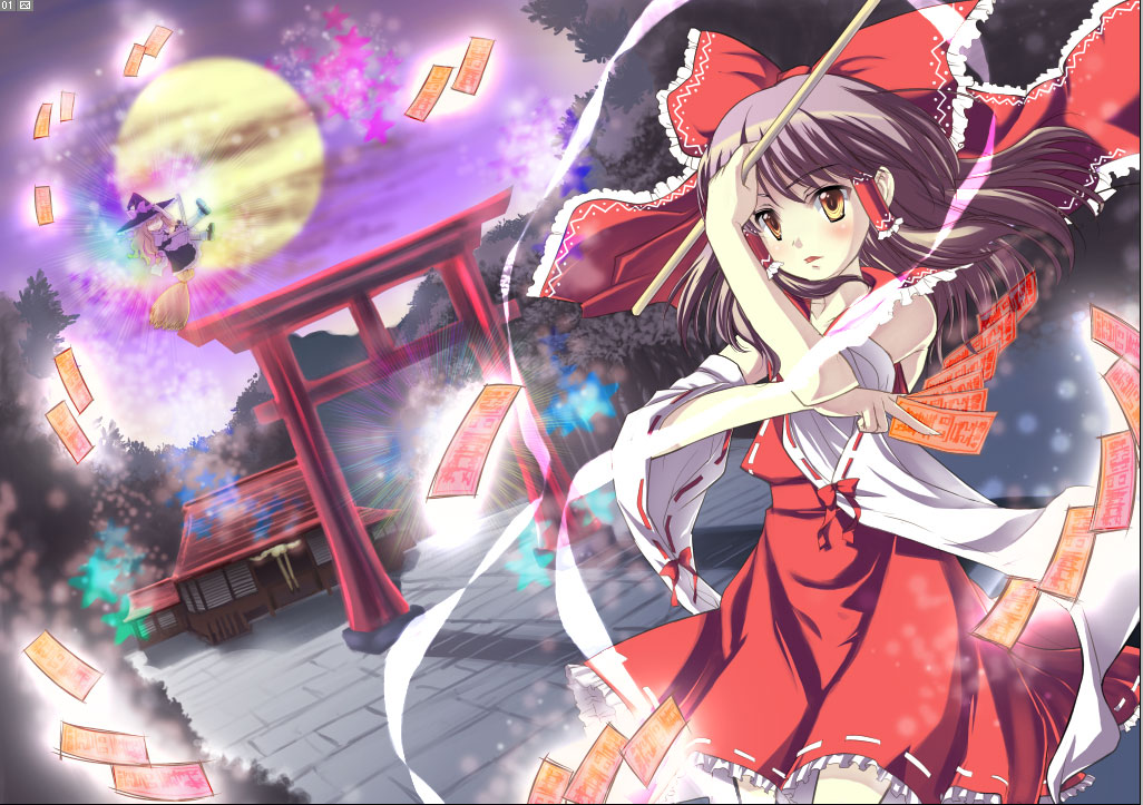 tenka taihei, hakurei reimu, kirisame marisa, touhou, bad id, bad pixiv id, 2girls, arch, bare shoulders, blonde hair, blush, broom, broom riding, brown eyes, brown hair, building, female focus, floating, floating object, forest, full moon, gohei, hair tubes, hat, japanese clothes, kanuaira, looking at viewer, magic, miko, moon, multiple girls, nature, ofuda, outdoors, plant, ribbon, shrine, sidelocks, standing, torii, tree, witch, witch hat