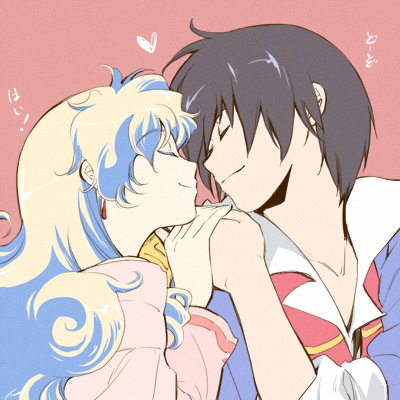akutsu (yuumi), nia teppelin, simon (ttgl), tengen toppa gurren lagann, lowres, 00s, 1boy, 1girl, closed eyes, couple, hetero, holding hands, multicolored hair, short hair