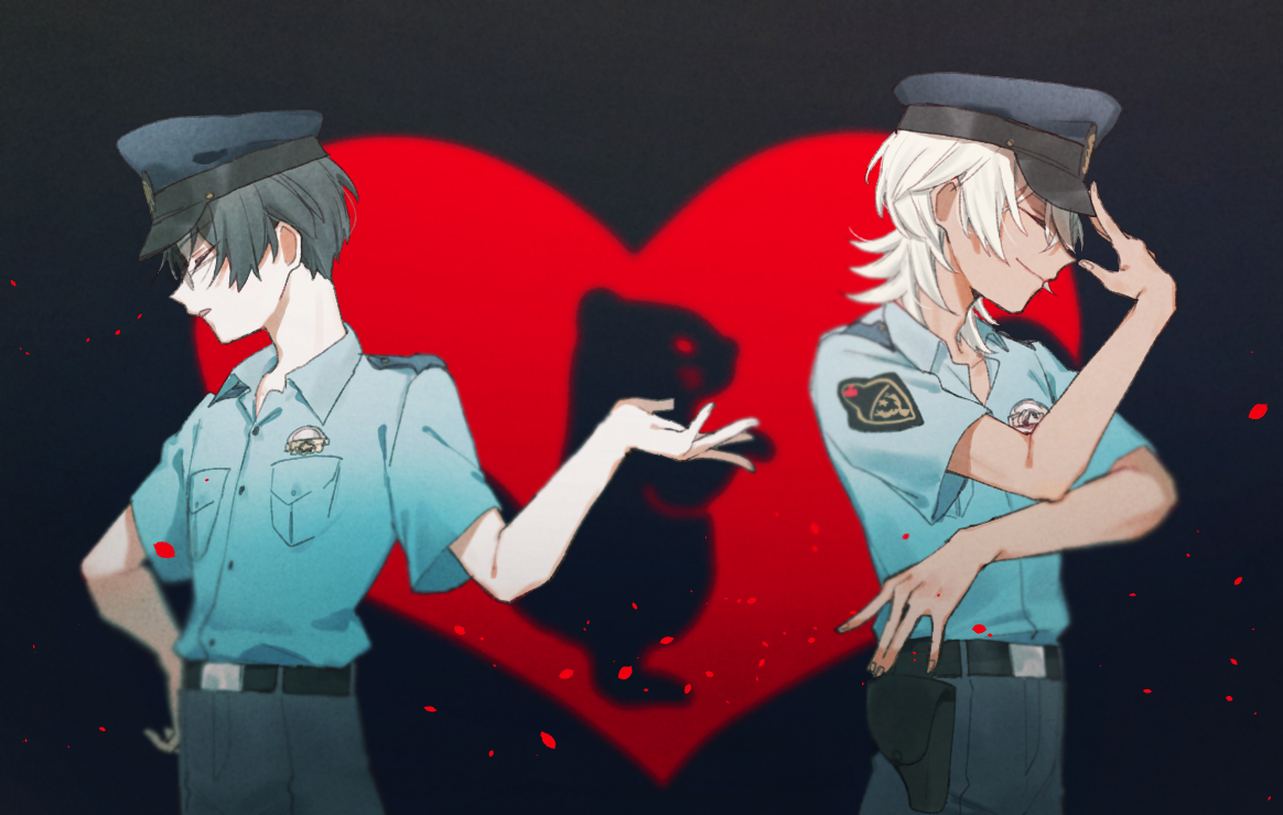 nibinibi1030, akutsu mabu, niiboshi reo, sarazanmai, commentary request, 2boys, belt, black belt, black hair, blonde hair, blue shirt, buttons, closed mouth, from side, grey pants, hand on own hip, hat, heart, holster, male focus, multiple boys, pants, parted lips, police, police hat, police uniform, shirt, short hair, short sleeves, smile, upper body