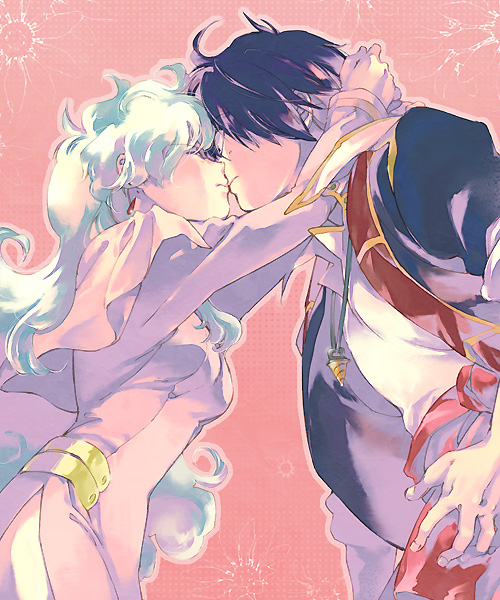 akutsu (yuumi), nia teppelin, simon (ttgl), tengen toppa gurren lagann, 00s, 1boy, 1girl, ahoge, blue hair, couple, curly hair, dress, hetero, jewelry, kiss, multicolored hair, necklace, short hair
