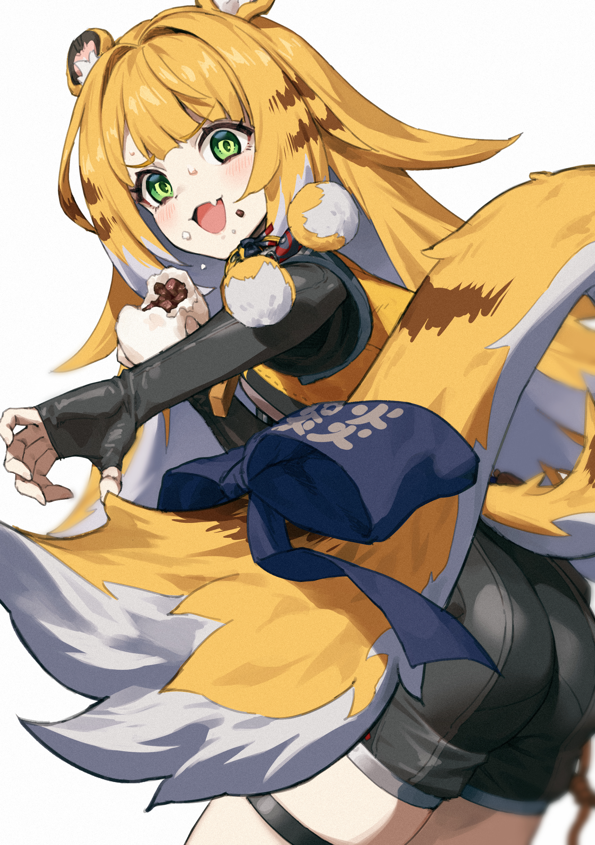 chyko, ju fufu, zenless zone zero, absurdres, highres, 1girl, :d, animal ears, ass, black gloves, black shorts, blonde hair, blush, eating, fang, fingerless gloves, food, gloves, green eyes, holding, holding food, long hair, open mouth, shorts, simple background, skin fang, smile, solo, tail, tiger ears, tiger girl, tiger tail, white background