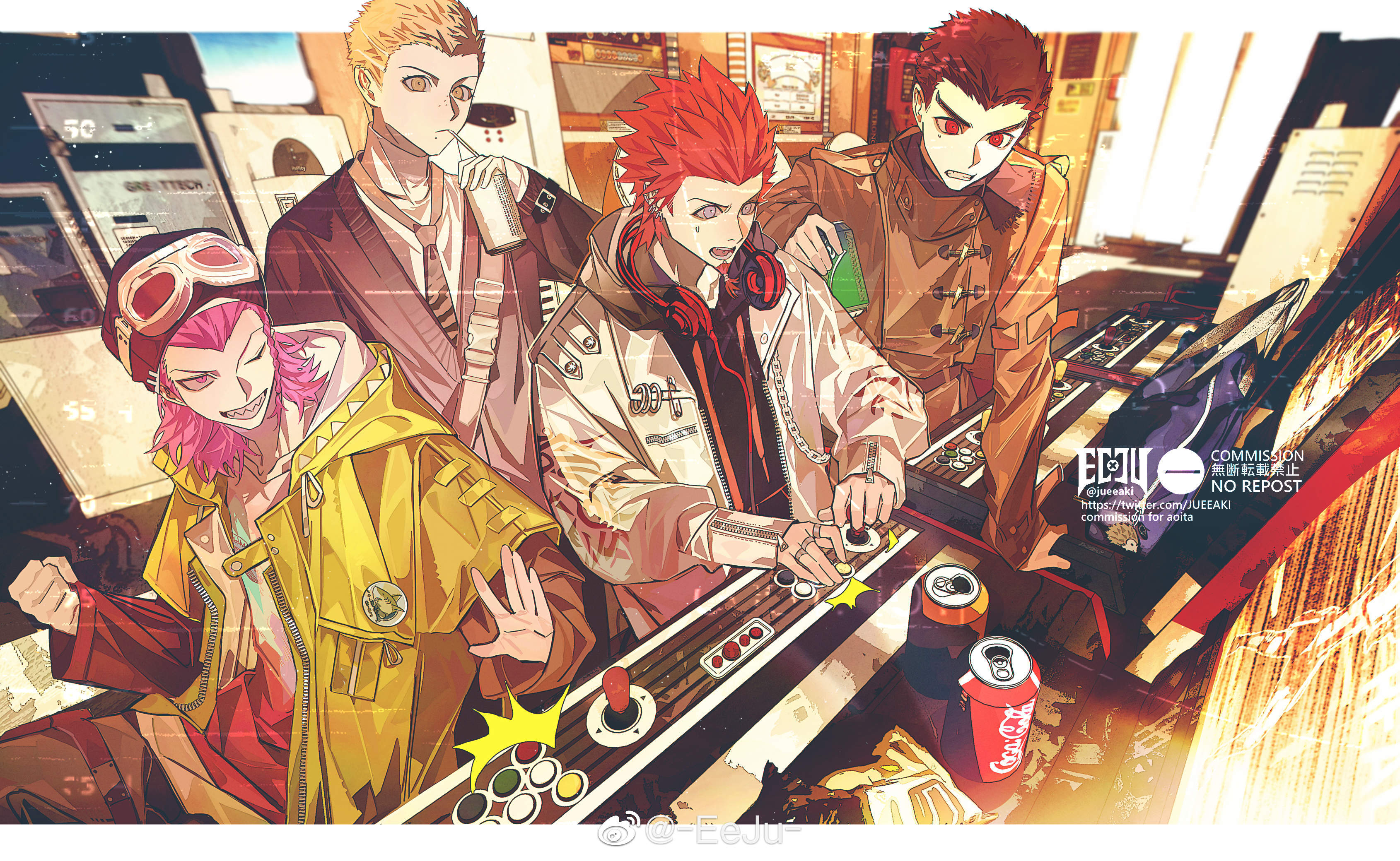 eeju, ishimaru kiyotaka, kuwata leon, kuzuryu fuyuhiko, soda kazuichi, coca-cola, danganronpa: trigger happy havoc, danganronpa (series), danganronpa 2: goodbye despair, absurdres, highres, 4boys, arcade cabinet, bag, beanie, beard, blonde hair, brown coat, clenched hand, clenched teeth, coat, drinking, facial hair, goatee, grey eyes, hat, headphones, indoors, jacket, male focus, multiple boys, necktie, one eye closed, open mouth, piercing, pink eyes, pink hair, red eyes, sharp teeth, short hair, sideburns, sprite, teeth, tied beard, tongue piercing, white jacket, yellow jacket