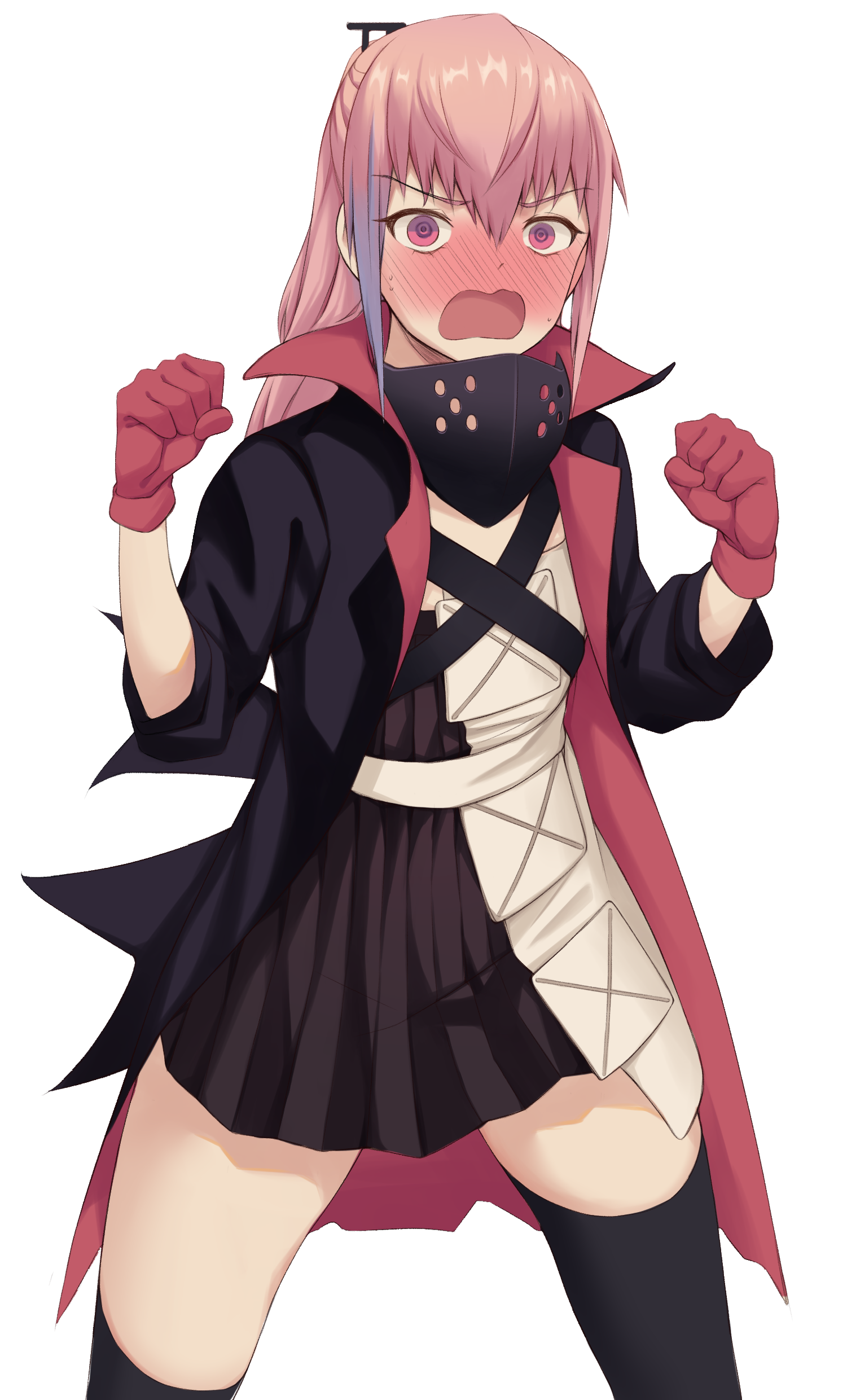 act (xadachit), st ar-15 (girls' frontline), st ar-15 (mod3) (girls' frontline), girls' frontline, absurdres, highres, 1girl, blue hair, blush, coat, embarrassed, gloves, hair between eyes, long hair, multicolored hair, open mouth, peanut mouth, pink eyes, pink hair, ponytail, sidelocks, simple background, solo, streaked hair, white background