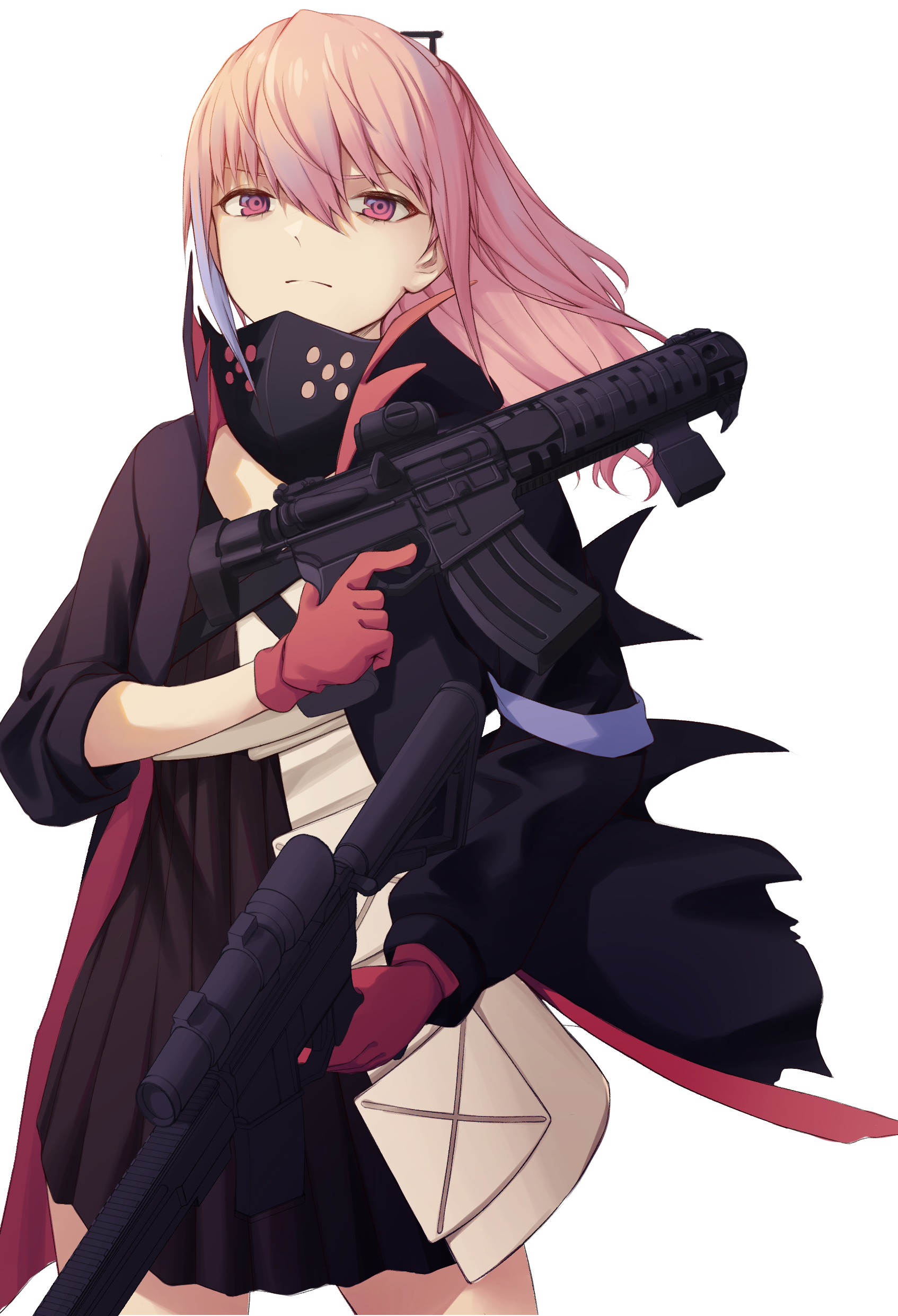 act (xadachit), st ar-15 (girls' frontline), st ar-15 (mod3) (girls' frontline), girls' frontline, absurdres, highres, 1girl, ar-15, blue hair, closed mouth, coat, dual wielding, embarrassed, gloves, gun, hair between eyes, holding, long hair, multicolored hair, open mouth, pink eyes, pink hair, ponytail, pout, rifle, sidelocks, simple background, solo, streaked hair, weapon, white background