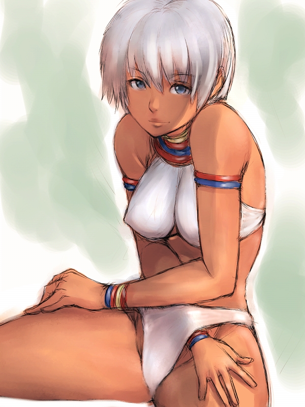 fumio (rsqkr), elena (street fighter), capcom, street fighter, street fighter iii (series), 1girl, armlet, bikini, blue eyes, bracelet, dark-skinned female, dark skin, female focus, hand in panties, hand under clothes, jewelry, neck ring, necklace, panties, sitting, solo, swimsuit, underwear, white bikini, white hair