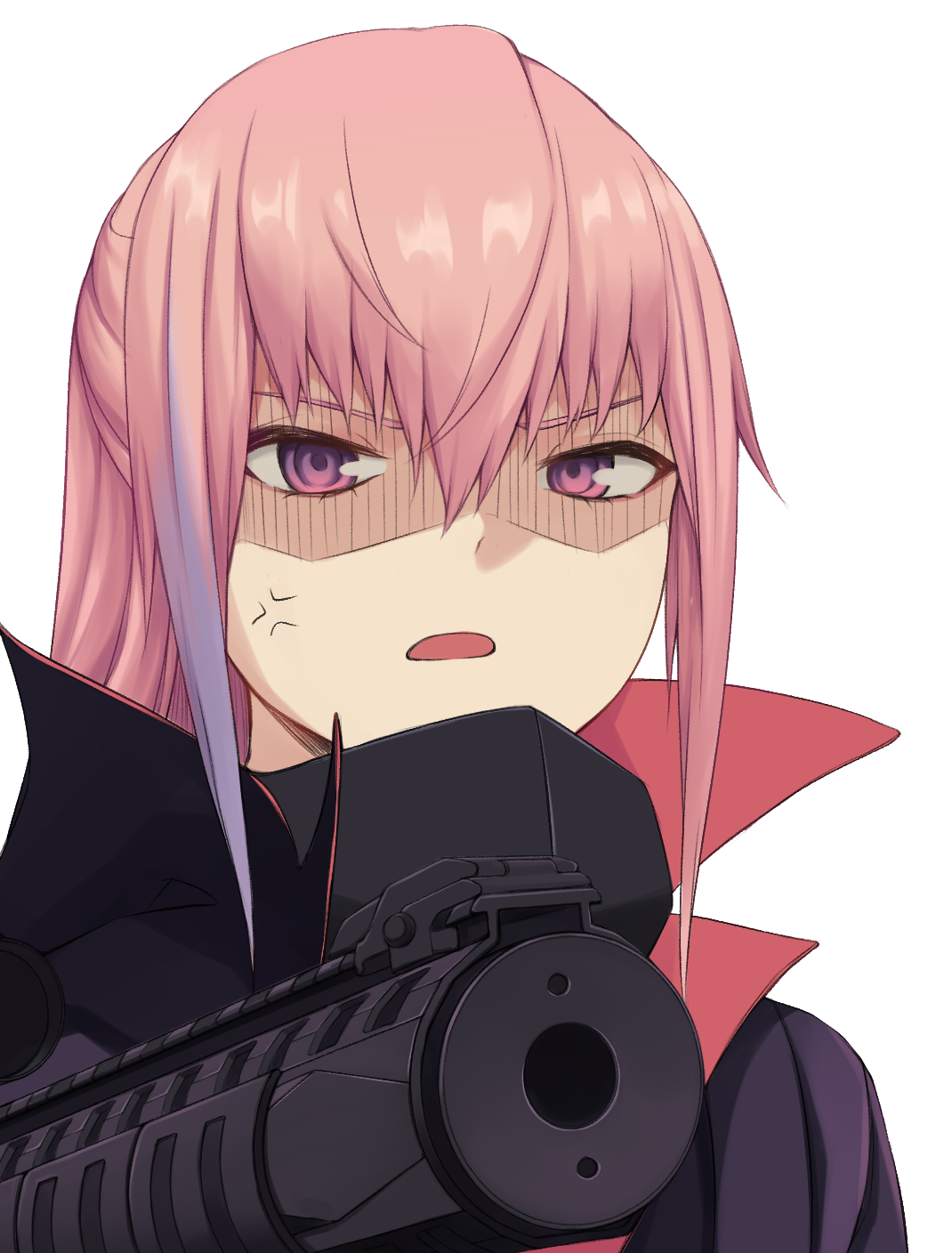 act (xadachit), st ar-15 (girls' frontline), st ar-15 (mod3) (girls' frontline), girls' frontline, highres, 1girl, anger vein, ar-15, blue hair, coat, gun, hair between eyes, long hair, multicolored hair, open mouth, pink eyes, pink hair, ponytail, pout, rifle, shaded face, sidelocks, simple background, solo, streaked hair, weapon, white background