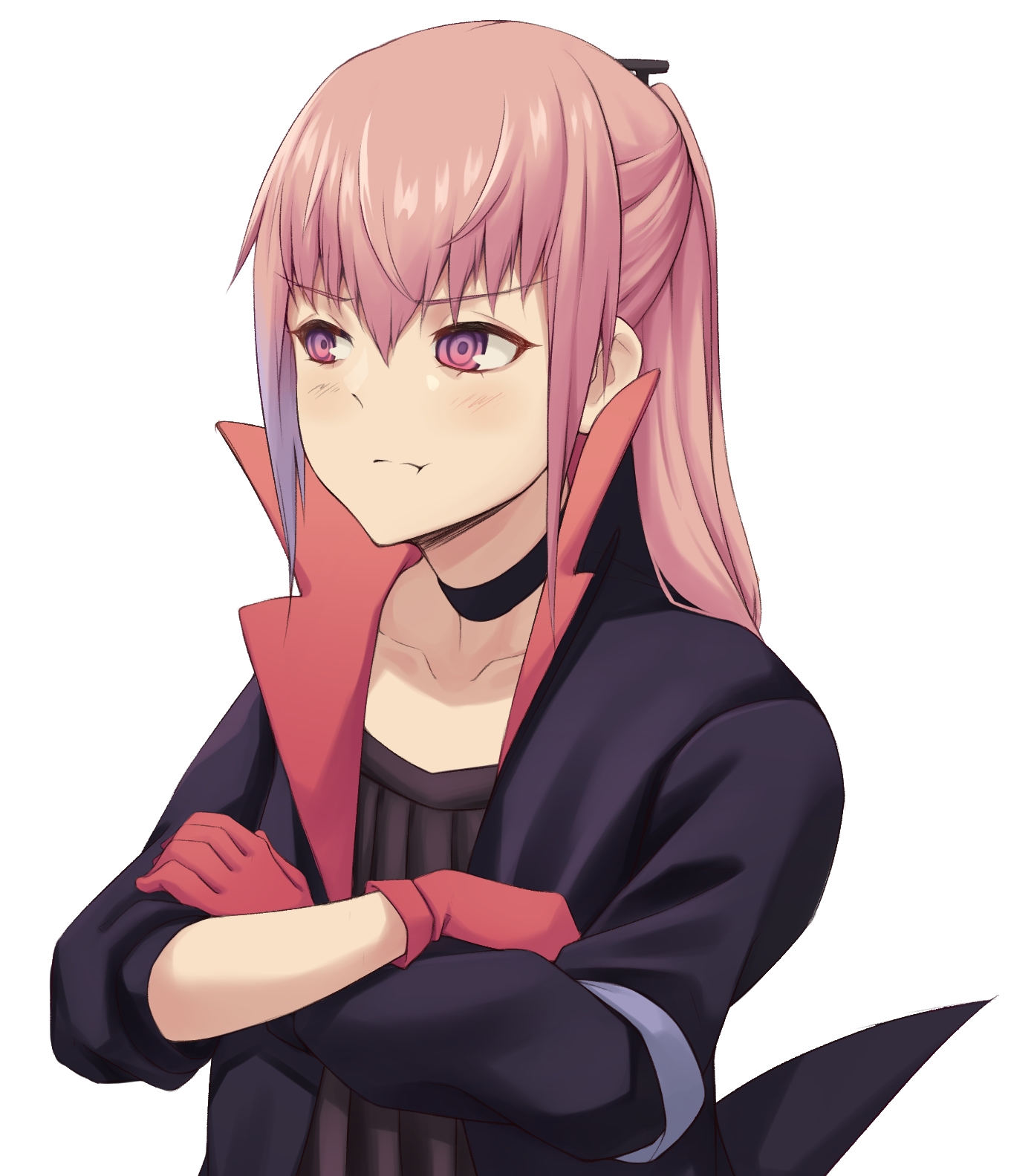 act (xadachit), st ar-15 (girls' frontline), st ar-15 (mod3) (girls' frontline), girls' frontline, highres, 1girl, blue hair, blush, choker, closed mouth, coat, collarbone, crossed arms, gloves, hair between eyes, long hair, multicolored hair, pink eyes, pink hair, ponytail, pout, sidelocks, simple background, solo, streaked hair, white background