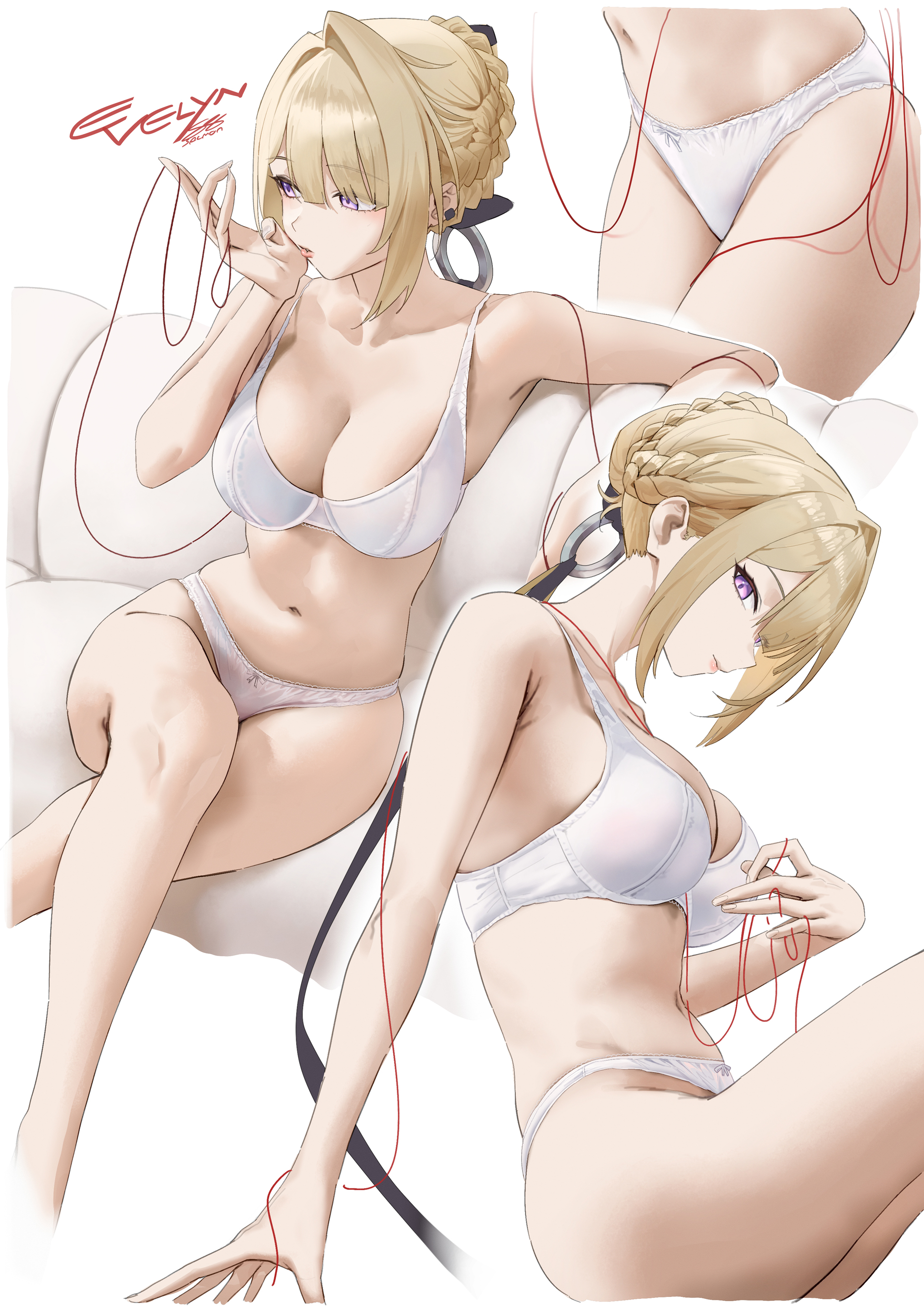 salmon88, evelyn chevalier, zenless zone zero, absurdres, commentary, duplicate, english commentary, highres, pixel-perfect duplicate, 1girl, bra, braid, braided bun, breasts, character name, cleavage, crossed legs, hair bun, large breasts, multiple views, navel, panties, parted lips, purple eyes, signature, simple background, sitting, stomach, string, thighs, underwear, underwear only, white background, white bra, white panties
