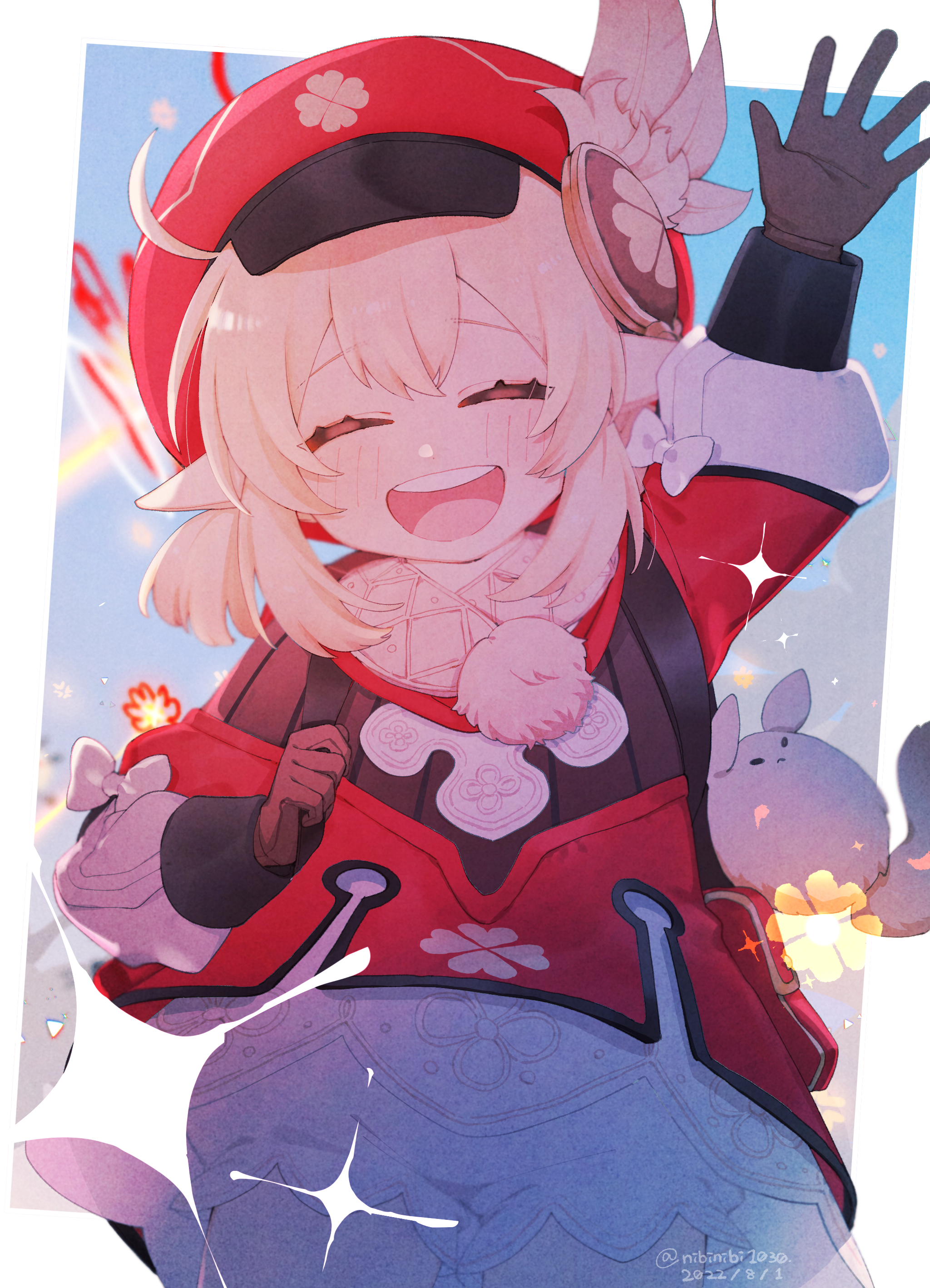 nibinibi1030, klee (genshin impact), genshin impact, absurdres, commentary request, highres, 1girl, arm up, blush, border, bow, coat, eyelashes, facing viewer, happy, hat, open mouth, outside border, pointy ears, red coat, red hat, solo, twitter username, white border, white bow