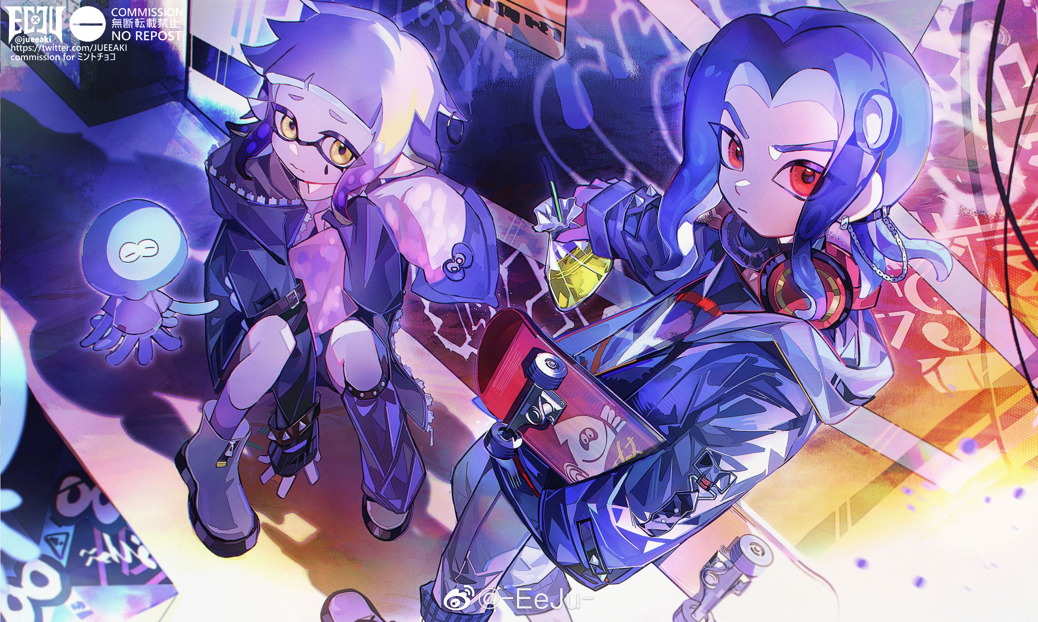 eeju, inkling girl, inkling player character, jellyfish (splatoon), octoling girl, octoling player character, nintendo, splatoon (series), splatoon 2, absurdres, highres, 2girls, boots, bracelet, facial mark, graffiti, headphones, headphones around neck, holding, holding skateboard, hood, hood down, inkling, jewelry, long hair, multiple girls, pointy ears, red eyes, sitting, skateboard, studded bracelet, tentacle hair, urban, yellow eyes