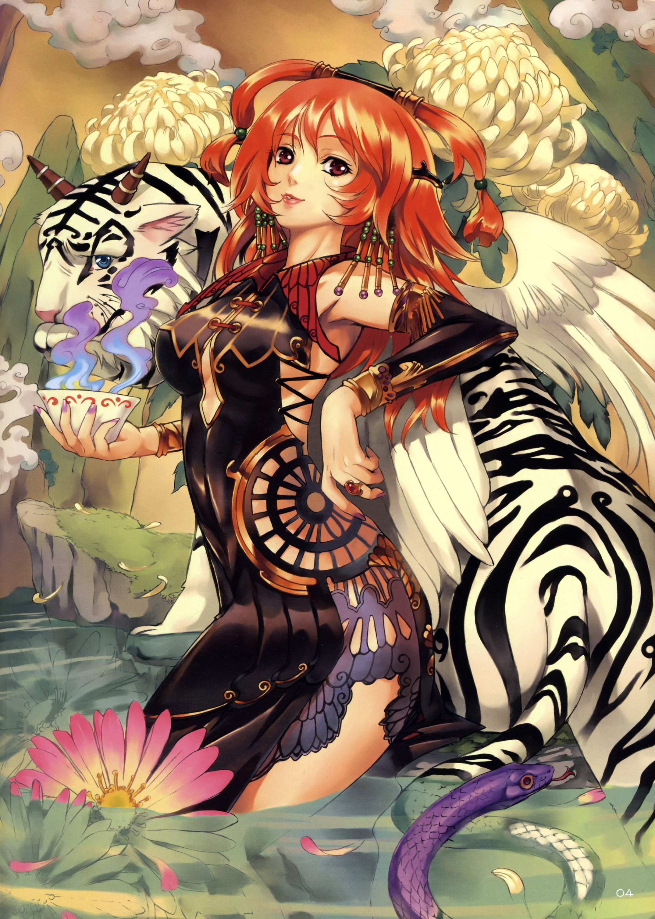 eiwa, original, absurdres, highres, scan, 1girl, china dress, chinese clothes, colorful, dress, earrings, female focus, jewelry, red eyes, red hair, snake, solo, tattoo, tiger, water