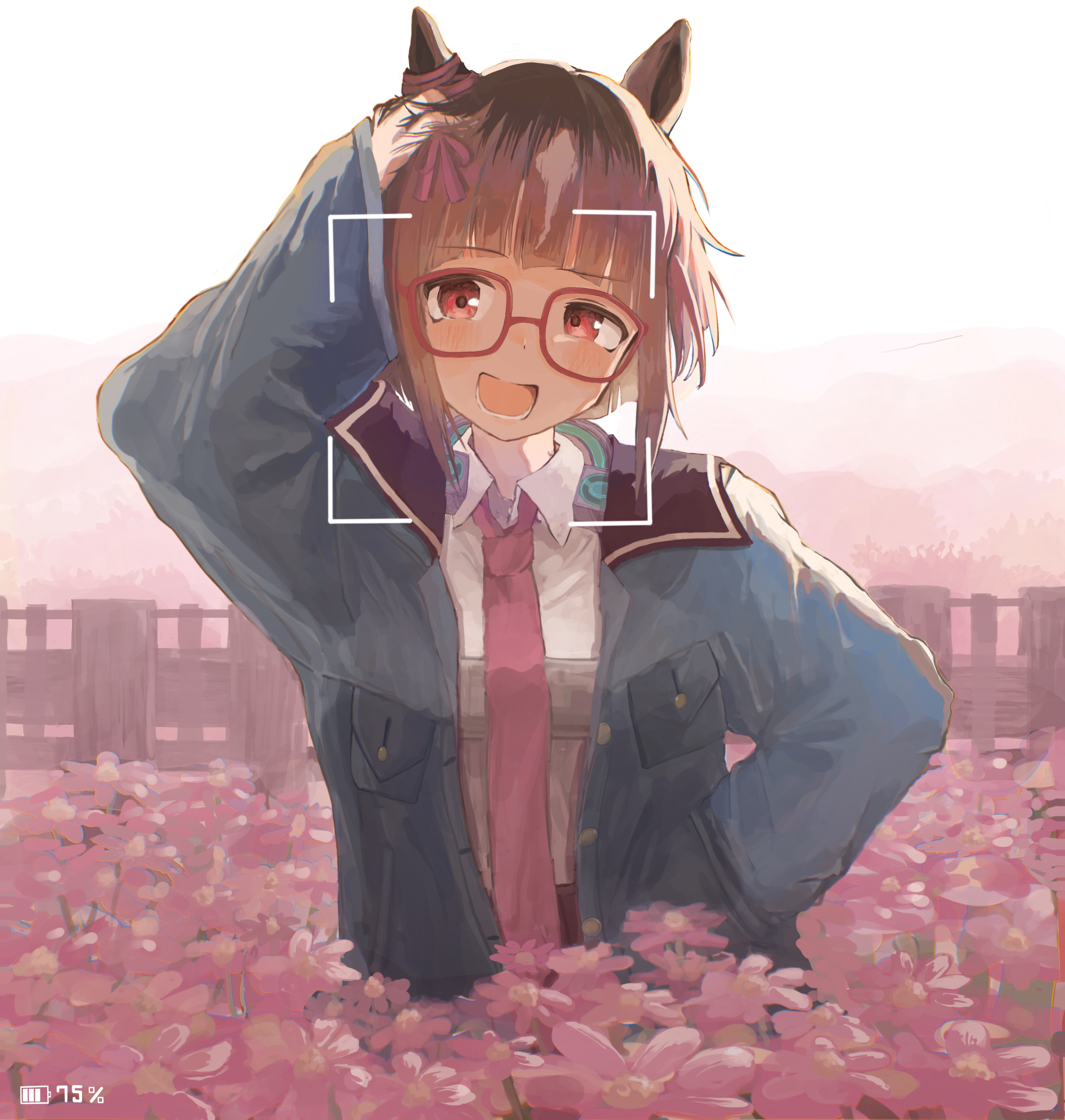 minamisuwari, transcend (casual) (umamusume), transcend (umamusume), umamusume, absurdres, commentary request, highres, 1girl, :d, animal ears, arm up, blue jacket, blush, bow, brown hair, collared shirt, cosmos (flower), ear ribbon, flower, glasses, hand on own head, hand on own hip, headphones, headphones around neck, horse ears, horse girl, jacket, looking at viewer, necktie, open clothes, open jacket, open mouth, outdoors, pink flower, pink necktie, red-framed eyewear, red eyes, red ribbon, ribbon, shirt, short hair, smile, solo, white shirt