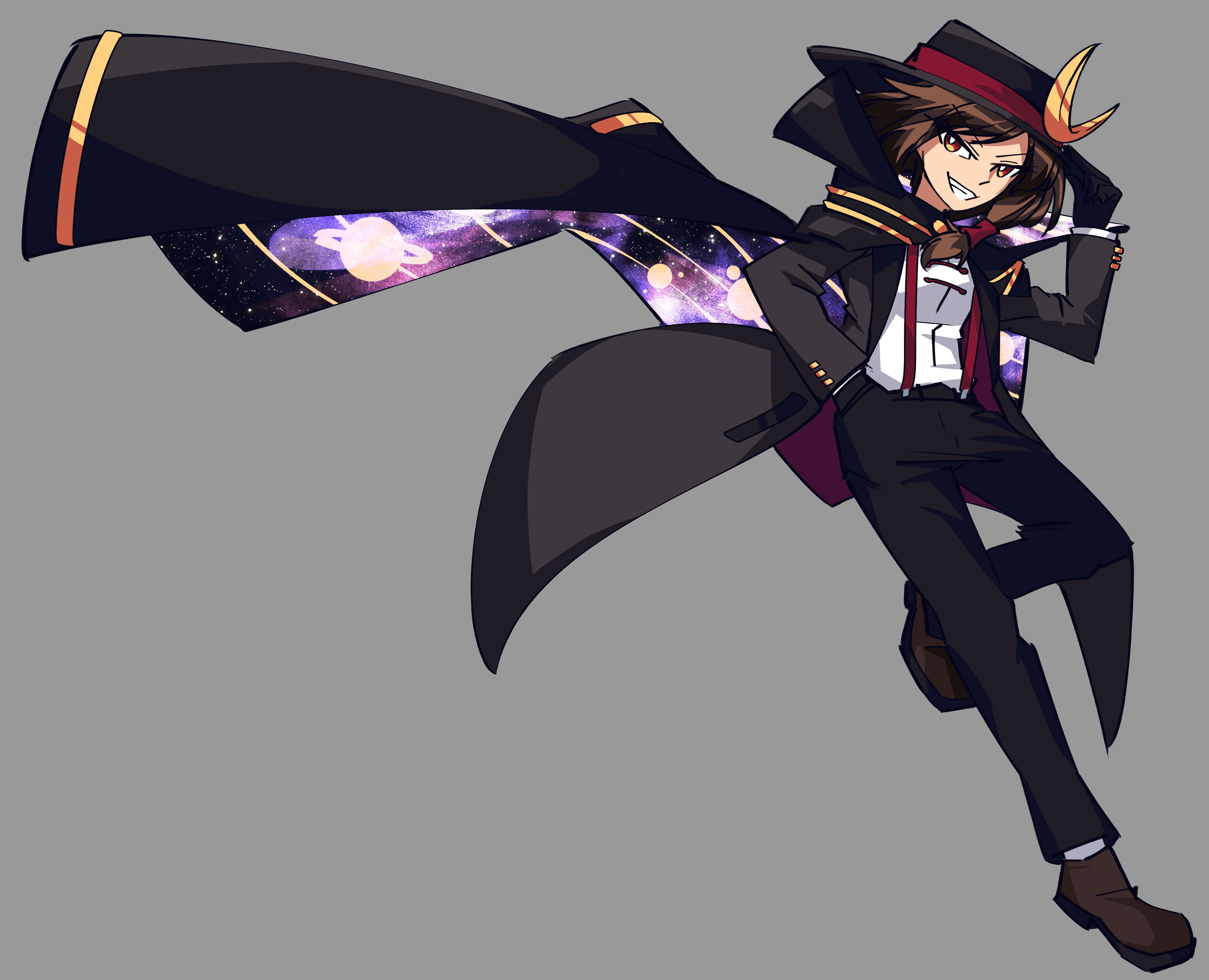 jongk ok, usami renko, touhou, absurdres, commentary, english commentary, highres, 1girl, alternate costume, black cape, black coat, black gloves, black hat, black pants, bright pupils, brown hair, brown shoes, cape, coat, crescent, crescent hat ornament, fedora, full body, gloves, grey background, grin, hair tubes, hand in pocket, hand on headwear, hat, hat ornament, hat ribbon, head tilt, long sleeves, looking at viewer, multicolored cape, multicolored eyes, pants, red eyes, red ribbon, ribbon, saturn (planet), shirt, shoes, short hair, sky, smile, socks, solo, star (sky), starry sky, suspenders, teeth, trench coat, two-sided cape, two-sided fabric, two-tone eyes, white pupils, white shirt, white socks, yellow eyes