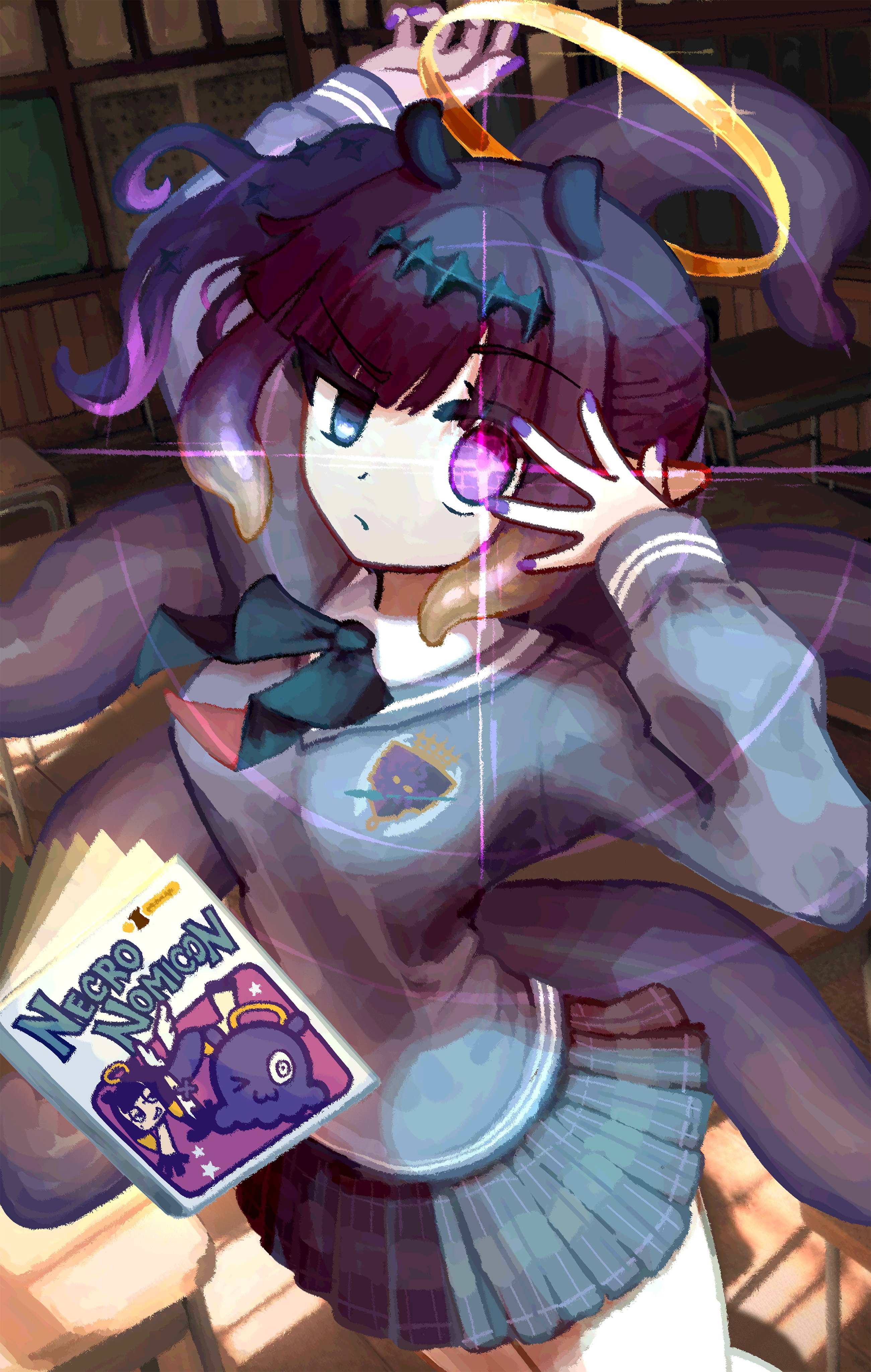 dragonostic, ninomae ina'nis, ninomae ina'nis (school uniform), hololive, hololive english, alternate breast size (larger), breasts, classroom, comic book, cowboy shot, glowing, glowing eye, halo, heterochromia, medium breasts, pink eyes, purple eyes, purple hair, purple nails, tentacles