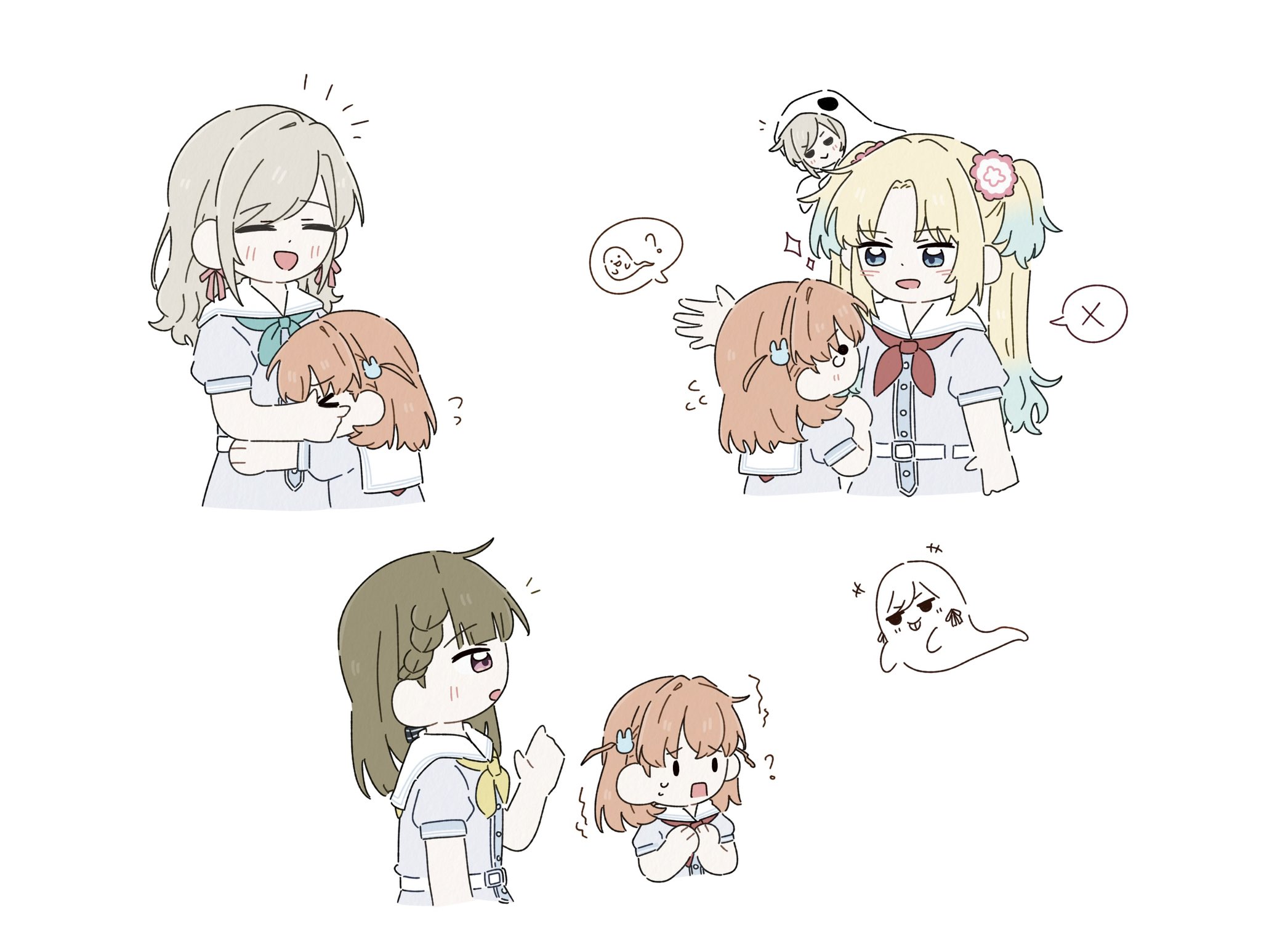 zueka27, ceras yanagida lilienfeld, hinoshita kaho, kachimachi kosuzu, osawa rurino, link! like! love live!, love live!, commentary, highres, symbol-only commentary, > <, 4girls, :d, :p, ?, aqua neckerchief, blonde hair, blue dress, blue eyes, blue hair, blush, braid, brown hair, center-flap bangs, dress, flying sweatdrops, ghost costume, gradient hair, grey hair, hair ornament, hair ribbon, hasu no sora school uniform, hug, jitome, medium hair, multicolored hair, multiple girls, neckerchief, notice lines, open mouth, orange hair, pink eyes, pink ribbon, puffy short sleeves, puffy sleeves, rabbit hair ornament, raised inner eyebrows, red neckerchief, ribbon, sailor collar, sailor dress, scared, school uniform, short sleeves, side braids, smile, sparkle, speech bubble, spoken ghost, spoken x, summer uniform, tongue, tongue out, trembling, twintails, two side up, virtual youtuber, white sailor collar