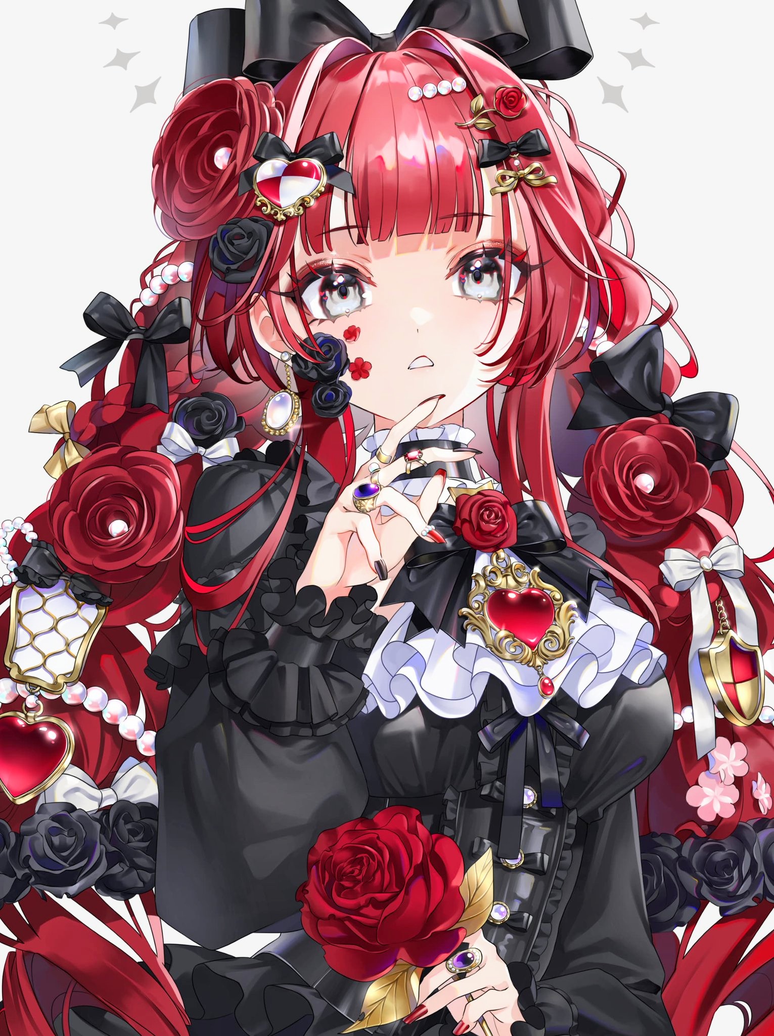 saika usagi, original, commentary, english commentary, highres, making-of available, 1girl, ascot, black bow, black bowtie, black dress, black flower, black nails, black rose, blunt bangs, blush, bow, bow flower, bowtie, breasts, brooch, curly hair, dress, earrings, expressionless, facial tattoo, flower, flower tattoo, frilled dress, frilled sleeves, frills, gem, grey eyes, hair bow, hair flower, hair intakes, hair ornament, halo, heart, heart brooch, holding, holding flower, jewelry, long sleeves, looking at viewer, medium breasts, multiple hair bows, multiple hair clips, parted lips, purple gemstone, red flower, red gemstone, red hair, red nails, red rose, ring, rose, simple background, solo, star halo, tattoo, too many, too many flowers, too many hair ornaments, twintails, upper body, white ascot, white background