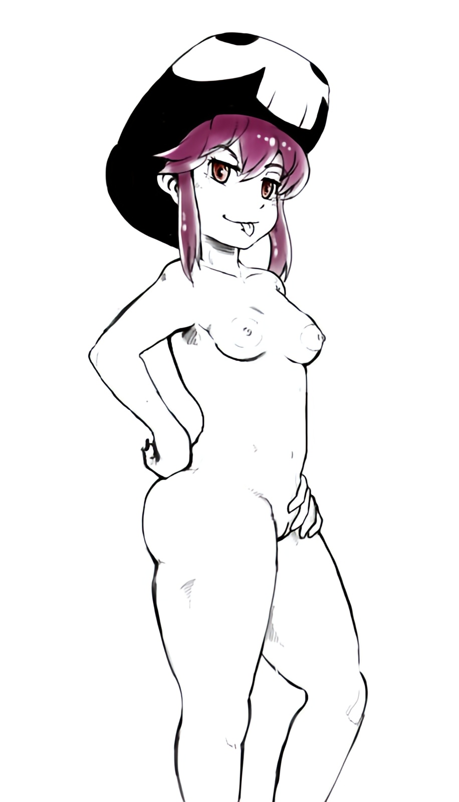 jakuzure nonon, kill la kill, 1girl, breasts, hat, navel, nipples, nude, pink eyes, pink hair, pussy, skull, skull print, solo, solo focus, tongue, tongue out