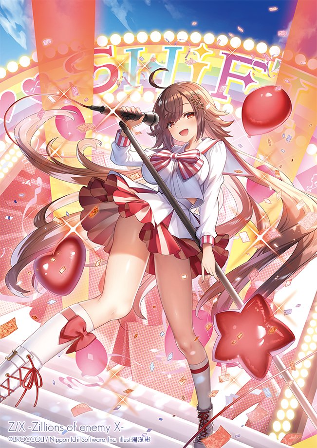 yuasa akira, z/x, official art, 1girl, ahoge, balloon, bow, bow legwear, bowtie, breasts, brown eyes, brown hair, bubble, concert, confetti, copyright notice, frilled skirt, frills, from below, glowstick, hair ornament, heart balloon, holding, holding microphone stand, idol clothes, large breasts, long hair, microphone stand, multicolored skirt, on stairs, open mouth, outdoors, prism (z/x), red bow, red skirt, sailor collar, shirt, shoes, skirt, socks, solo, sparkle, standing, star (symbol), star balloon, star hair ornament, striped bow, striped bowtie, striped clothes, very long hair, white sailor collar, white shirt, white shoes, white skirt, white socks
